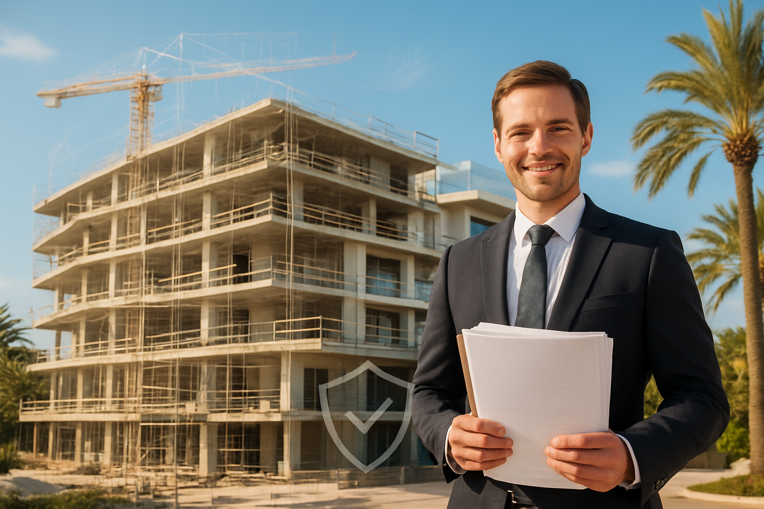 Create a realistic image of a modern luxury apartment building under construction in Marbella, Spain, with a transparent overlay effect showing architectural blueprints and a completed unit side by side, a white male architect in a suit holding official legal documents with a protective shield icon subtly incorporated into the scene, set against a sunny Mediterranean backdrop with blue skies and palm trees, conveying a sense of security, trust, and professional protection for property buyers, warm and confident lighting emphasizing transparency and legal assurance. Absolutely NO text should be in the scene.