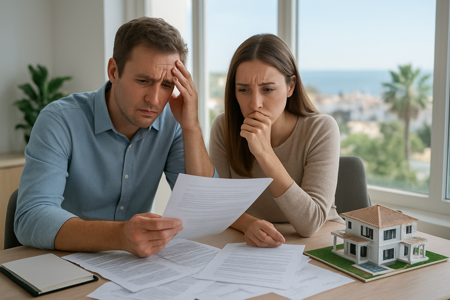 Create a realistic image of a worried white male and white female couple sitting at a modern desk in a bright Marbella real estate office, reviewing a co-ownership property contract with visible concern on their faces, surrounded by scattered documents and a small model of a luxury villa, with a blurred Mediterranean coastal view visible through a large window in the background, soft natural daylight illuminating the scene, conveying a cautionary and serious mood. Absolutely NO text should be in the scene.