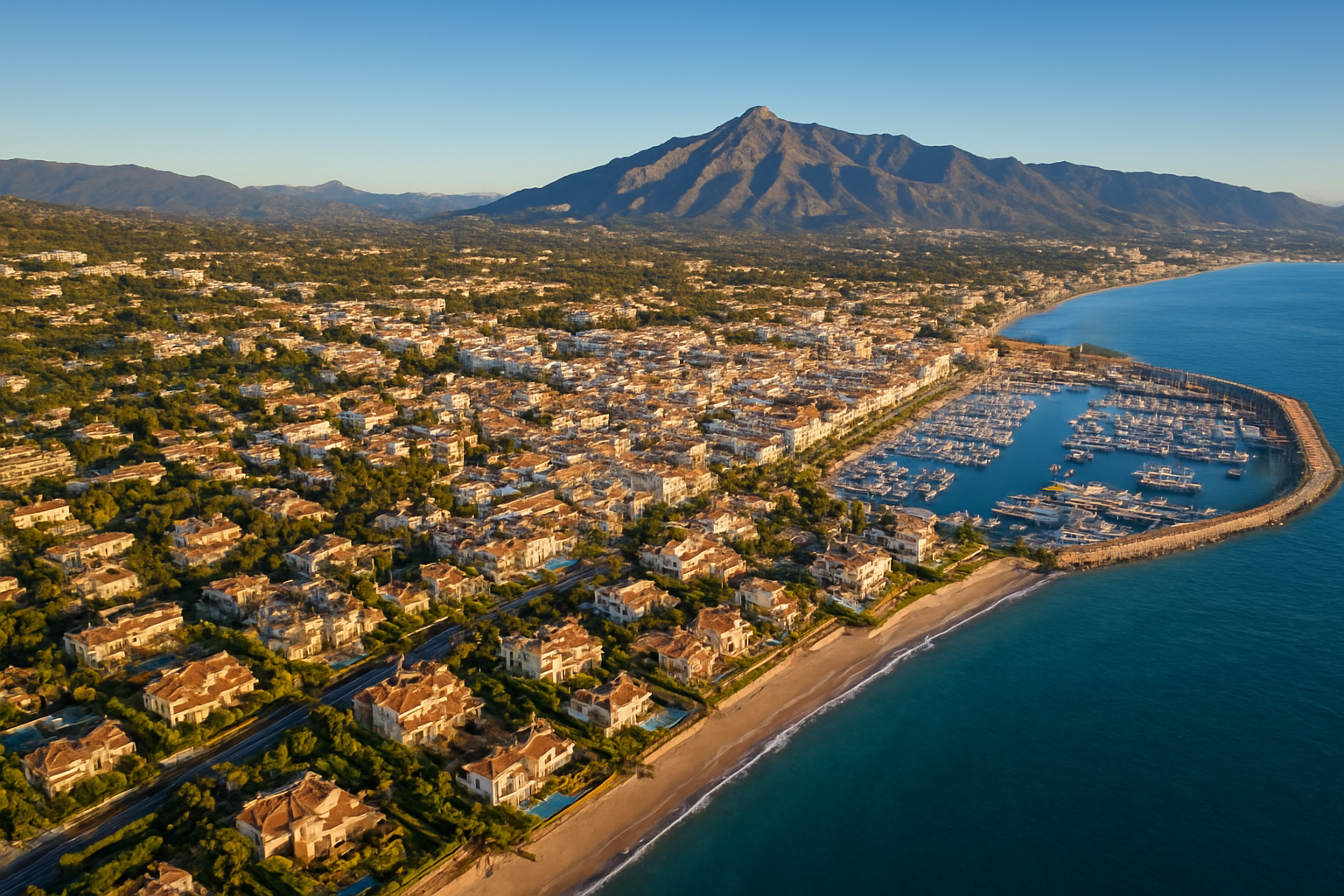 Create a realistic image of an aerial view of Marbella's coastline showcasing distinct neighborhoods, featuring luxurious beachfront villas along the Golden Mile, the charming old town area, and the upscale Puerto Banús marina with yachts, all bathed in warm Mediterranean sunlight with a clear blue sky, conveying a sense of exclusivity and prime real estate investment opportunity, with a map or layout feel that highlights the geographic diversity of the area's neighborhoods. Absolutely NO text should be in the scene.