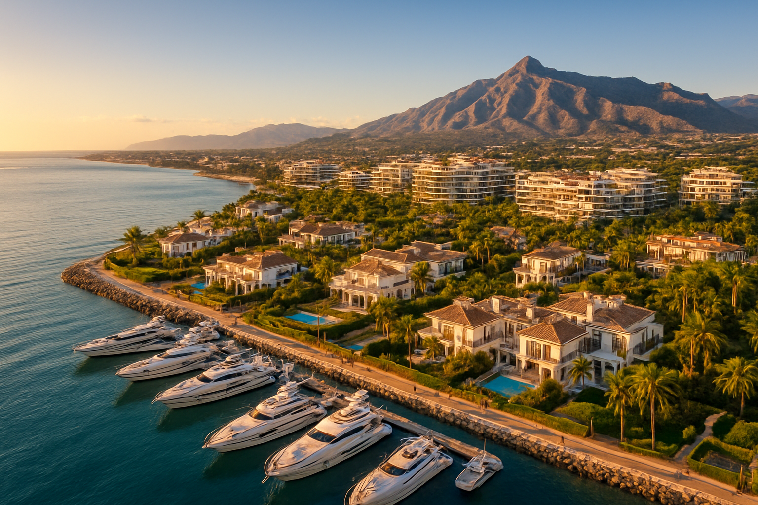 Create a realistic image of a stunning aerial view of Marbella's coastline in 2026, showcasing luxury waterfront villas and modern apartment complexes nestled along the Mediterranean Sea, with the Sierra Blanca mountains in the background, lush palm trees and manicured gardens visible throughout the upscale neighborhood, golden sunlight reflecting off the calm blue water, a glamorous marina filled with yachts in the foreground, the scene conveying an atmosphere of exclusivity, prosperity, and sophisticated coastal living that would attract high-end property co-ownership buyers, bright and warm Mediterranean lighting with a clear blue sky. Absolutely NO text should be in the scene.