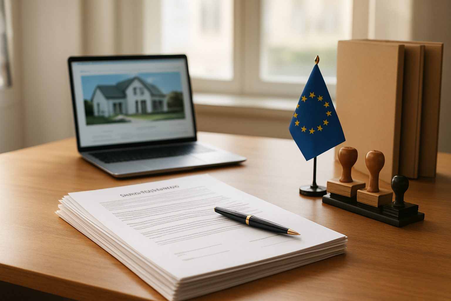 Create a realistic image of a neatly organized desk in a bright, professional office setting featuring a stack of legal documents, a Spanish property contract, a pen, a small EU flag, and a set of official stamps and folders, with a laptop displaying a real estate interface in the background, warm natural light streaming through a window, conveying a sense of order, preparation, and professionalism, Absolutely NO text should be in the scene.