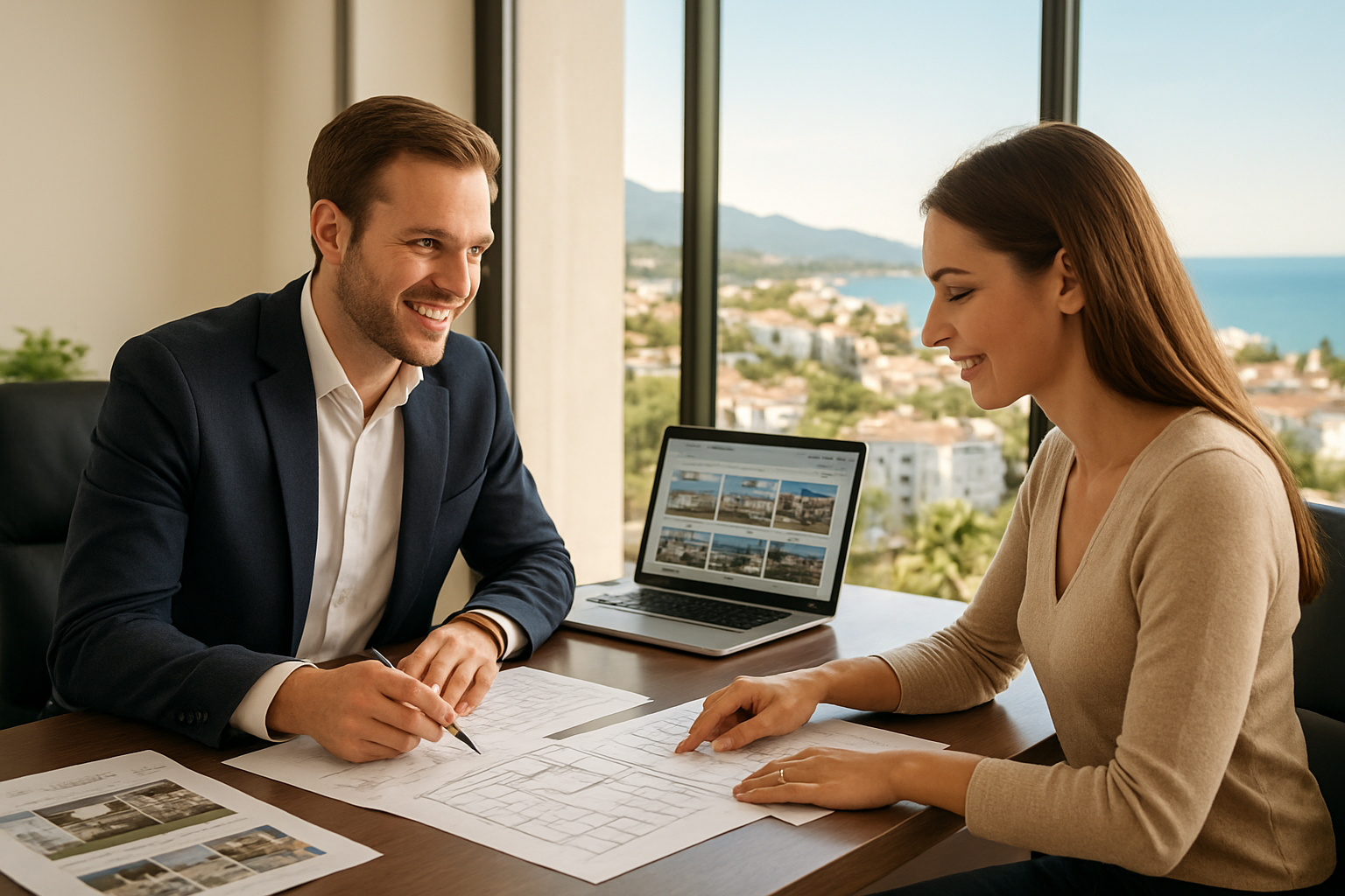 Create a realistic image of a bright, modern real estate office in Marbella, Spain, where a white male real estate agent in a smart blazer is sitting across a sleek desk from a white female client, both reviewing property documents and floor plans spread across the table, with a laptop open showing property listings, the Mediterranean coastal scenery of Marbella visible through large floor-to-ceiling windows in the background, warm and professional lighting creating a confident and optimistic mood, Absolutely NO text should be in the scene.