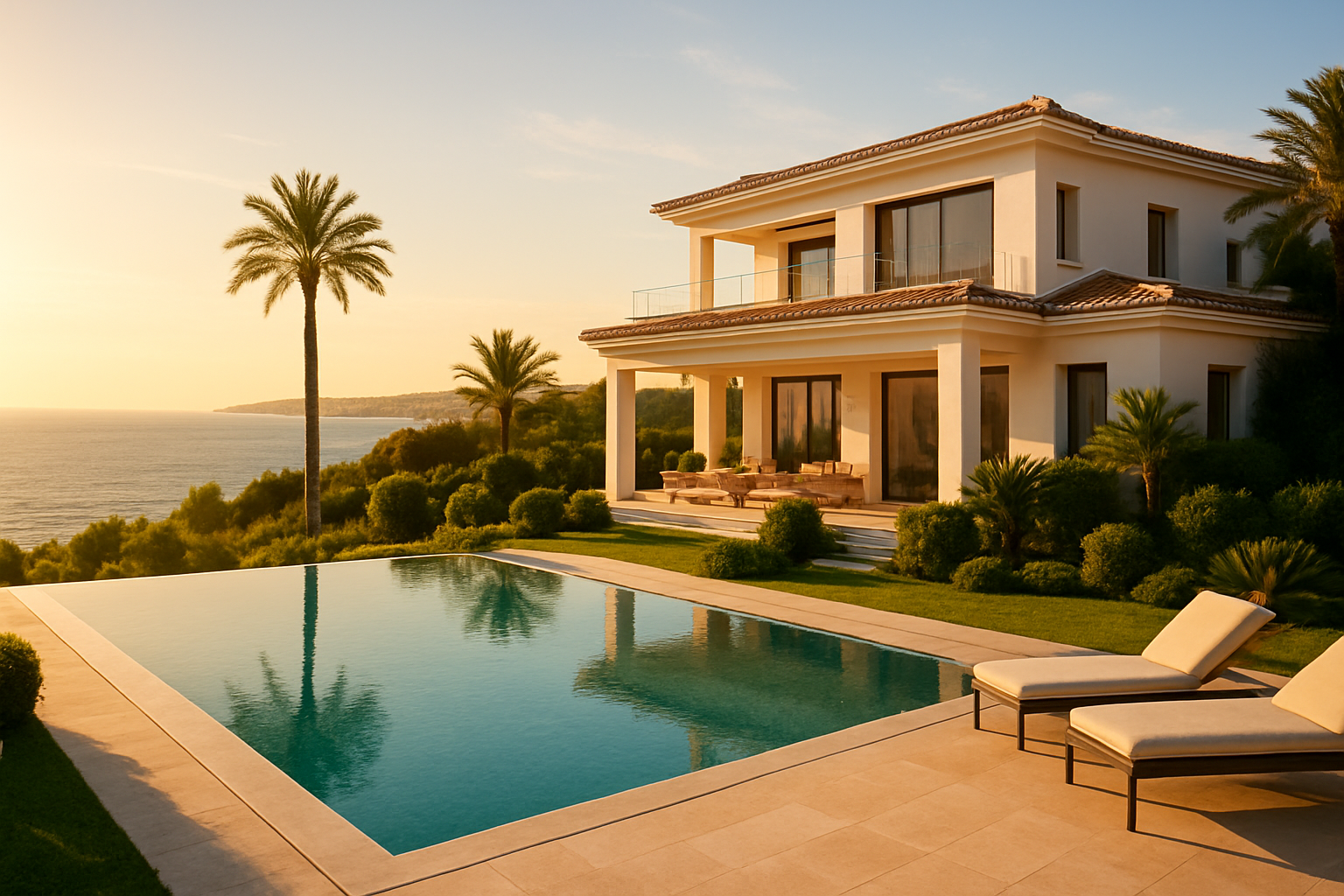 Create a realistic image of a luxurious Marbella villa with a stunning infinity pool overlooking the Mediterranean Sea, bathed in warm golden sunlight, with lush manicured gardens and the iconic Spanish coastline visible in the background, evoking a sense of achievement, exclusivity, and smart investment, the scene captured during late afternoon with soft glowing light reflecting off the water and the villa's modern white architecture, conveying a mood of success, tranquility, and refined coastal living. Absolutely NO text should be in the scene.