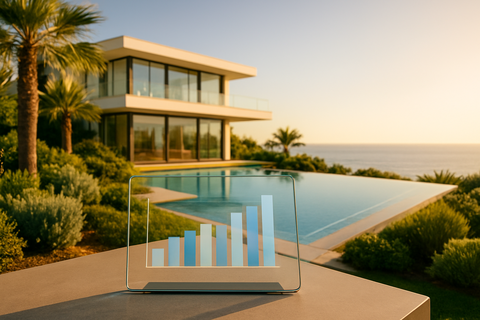 Create a realistic image of a luxurious Marbella coastal property exterior with a sleek modern villa in the background featuring large glass windows and a pristine infinity pool overlooking the Mediterranean Sea, with a stylish real estate comparison chart displayed on a transparent glass tablet resting on an outdoor table in the foreground, surrounded by lush Mediterranean landscaping, bathed in warm golden sunlight, conveying an upscale and informative atmosphere. Absolutely NO text should be in the scene.