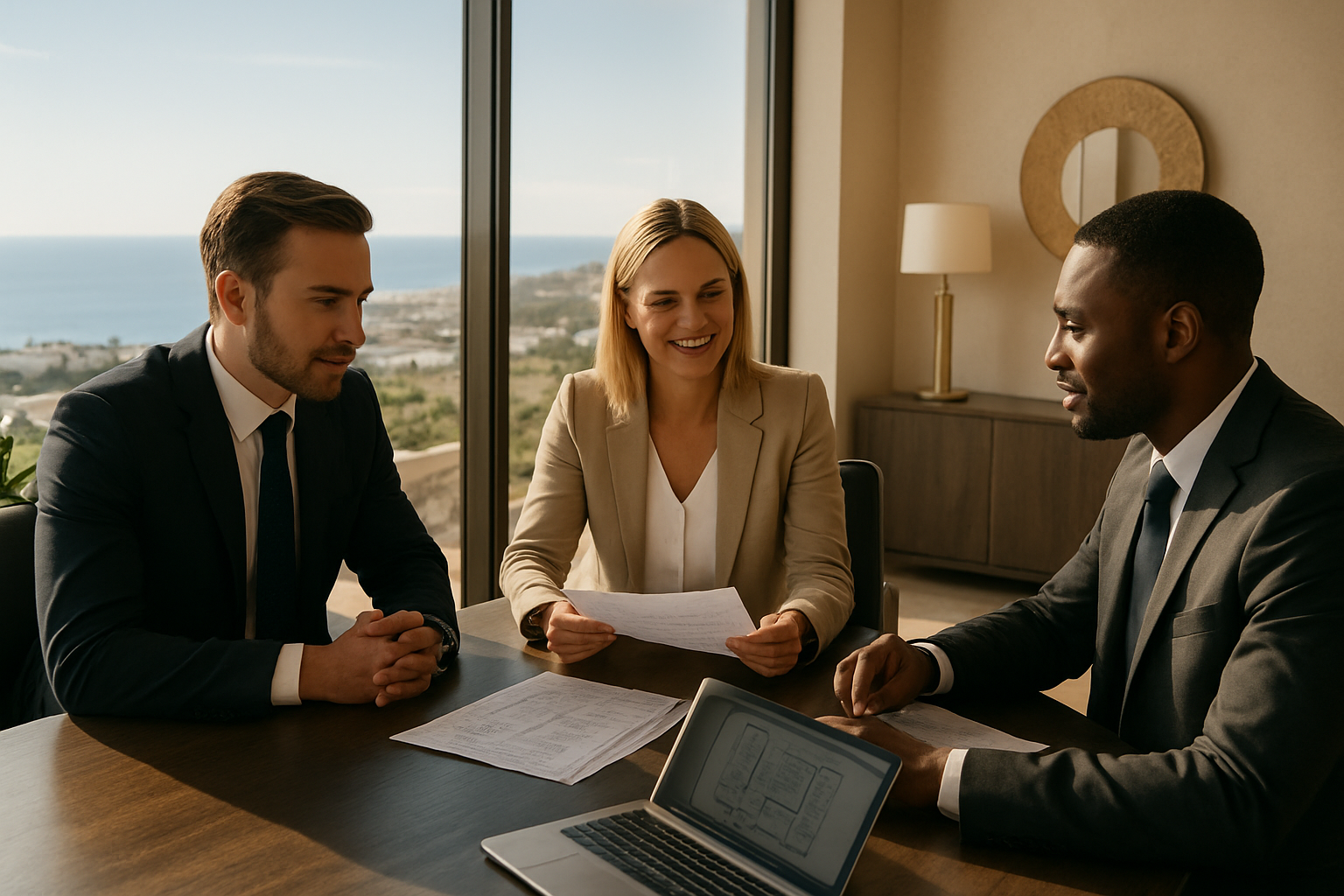Create a realistic image of a professional meeting scene in a modern, sunlit office with a view of Marbella's coastline visible through large windows, where a diverse group of experts including a white male lawyer in a suit, a white female real estate agent, and a black male financial advisor are seated around a sleek conference table, reviewing property documents and a laptop displaying architectural plans, with a warm and collaborative atmosphere conveying trust and professionalism, natural light streaming in from the side, and subtle luxury decor elements in the background. Absolutely NO text should be in the scene.