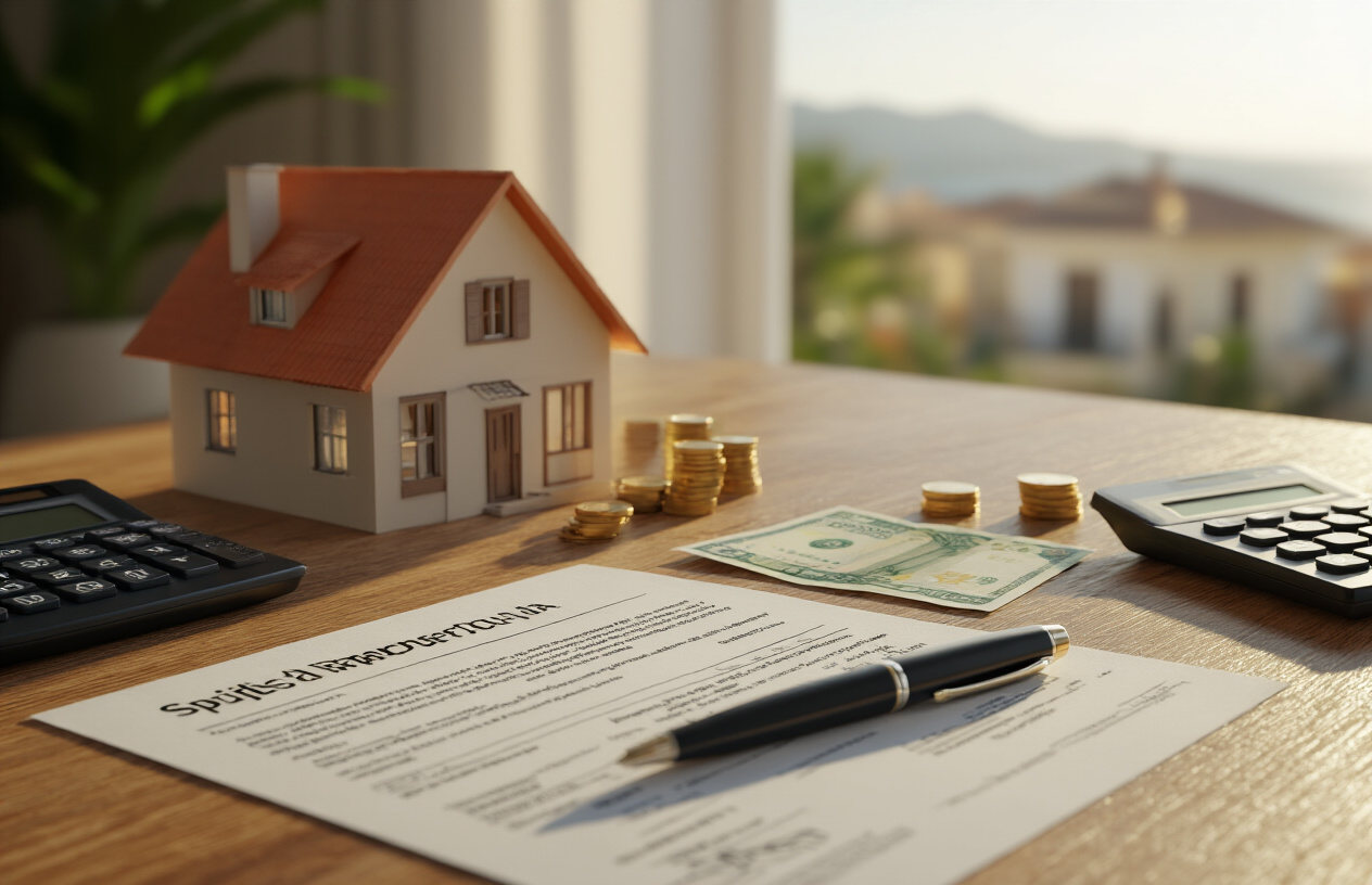 Create a realistic image of a wooden desk with official Spanish property tax documents, a small model house, a calculator, euro banknotes and coins, and a pen neatly arranged on top, with a blurred background suggesting a bright Marbella coastal property setting visible through a window, warm natural lighting casting soft shadows across the desk, conveying a professional and informative mood. Absolutely NO text should be in the scene.