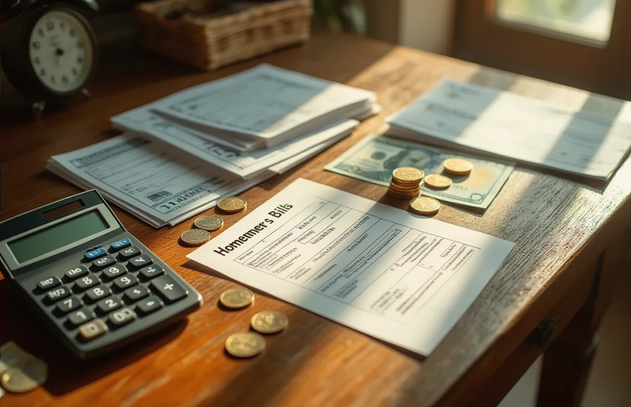 Create a realistic image of a wooden desk surface with a collection of small expense-related items spread out, including utility bills, a homeowner's insurance document, a small calculator, some coins and euro banknotes, and a few receipts, arranged in a slightly disorganized manner to suggest accumulating minor costs, with warm natural lighting casting soft shadows across the desk, conveying the feeling of overlooked but mounting household expenses in a Mediterranean home setting, with a subtle warm ambiance in the background suggesting a sunny Spanish coastal lifestyle. Absolutely NO text should be in the scene.