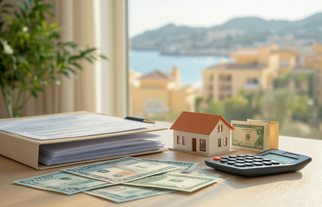 Create a realistic image of a neatly organized desk with a mortgage document folder, a small model house, a calculator, and euro banknotes spread out, set against a soft blurred background of a sunny Marbella coastal view visible through a window, warm natural lighting casting a professional yet inviting atmosphere, conveying financial planning for a luxury property purchase. Absolutely NO text should be in the scene.