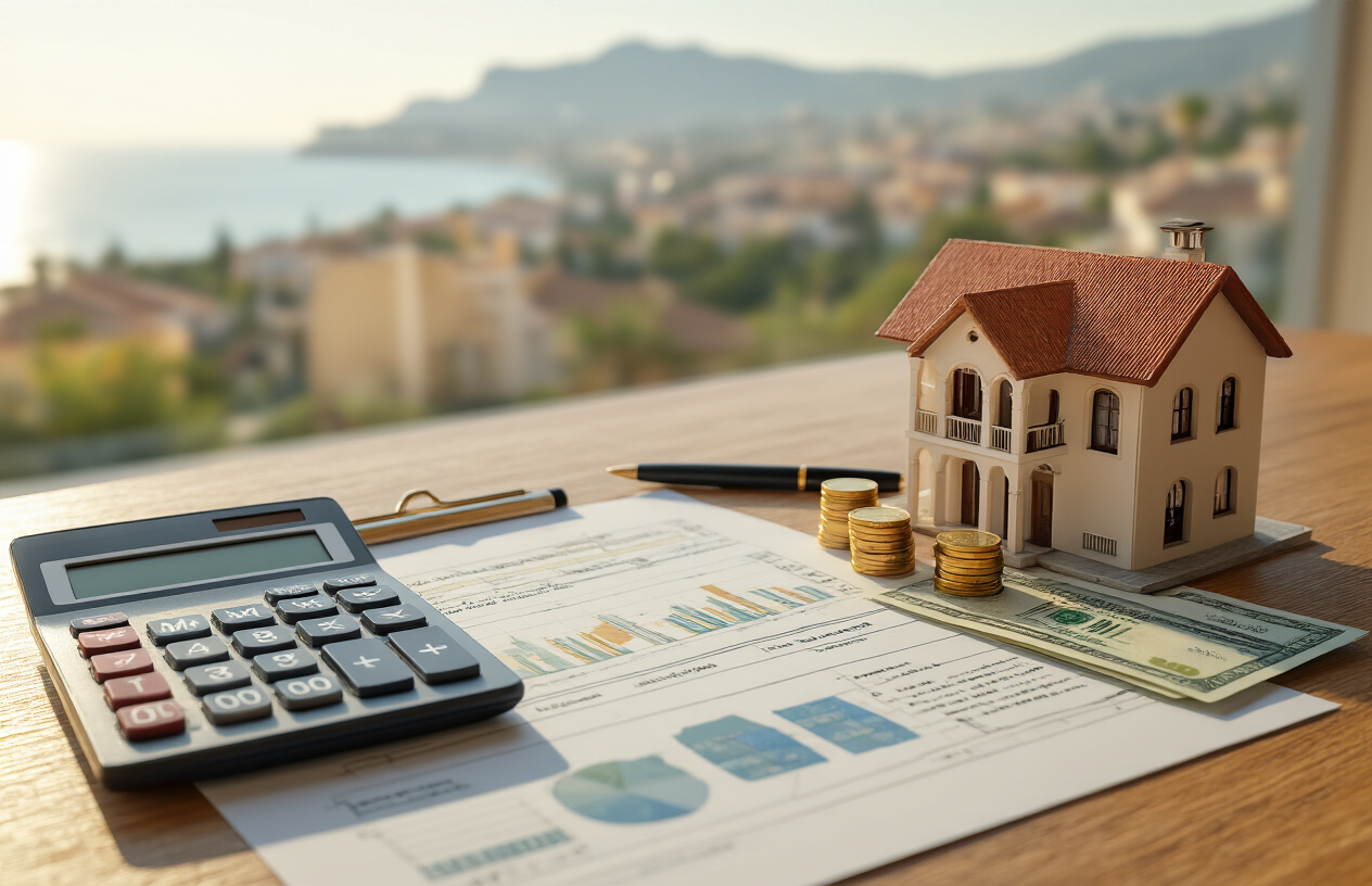 Create a realistic image of a clean wooden desk with a detailed budget planning layout featuring a calculator, a small model of a luxury villa, euro banknotes and coins, a financial spreadsheet document, and a pen, set against a blurred background of a sunny Marbella coastal view visible through a window, with warm natural lighting creating a professional yet inviting atmosphere, conveying careful financial planning for a property purchase. Absolutely NO text should be in the scene.