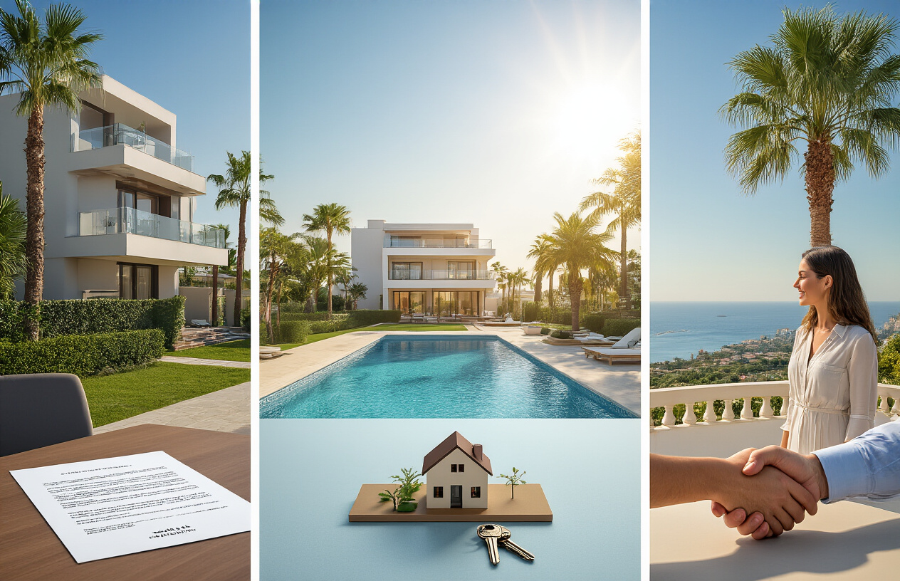 Create a realistic image of a split visual comparison scene set against a sunny Marbella coastal backdrop with luxury apartment buildings and palm trees, featuring three distinct panels side by side: the first showing a modern rental apartment interior with a lease document on a table, the second showing a fully owned luxury Marbella villa with a pool and keys placed prominently on a surface, and the third showing two people shaking hands over a shared property agreement represented by a model house between them, with warm Mediterranean sunlight flooding the scene, conveying a professional and informative mood of financial decision-making in an affluent Spanish coastal setting. Absolutely NO text should be in the scene.