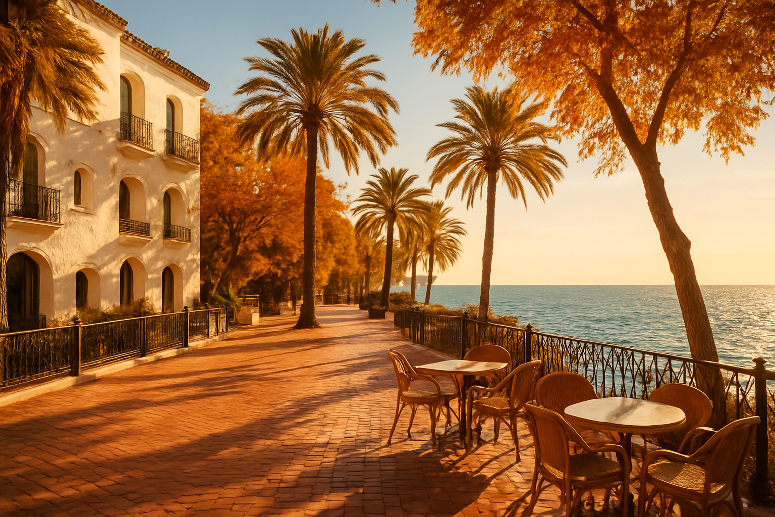 Create a realistic image of a sun-drenched Marbella promenade in autumn, featuring golden and amber-toned light casting a warm glow over elegant white Mediterranean architecture, lush palm trees with hints of autumn warmth, and a calm, sparkling turquoise sea in the background, the scene feels peaceful and uncrowded with a relaxed, exclusive atmosphere, a few empty café terrace chairs and tables set outdoors suggest a quiet yet vibrant lifestyle, soft golden hour sunlight bathes the scene creating long shadows and a rich warm ambiance that feels like a hidden paradise only locals know about. Absolutely NO text should be in the scene.