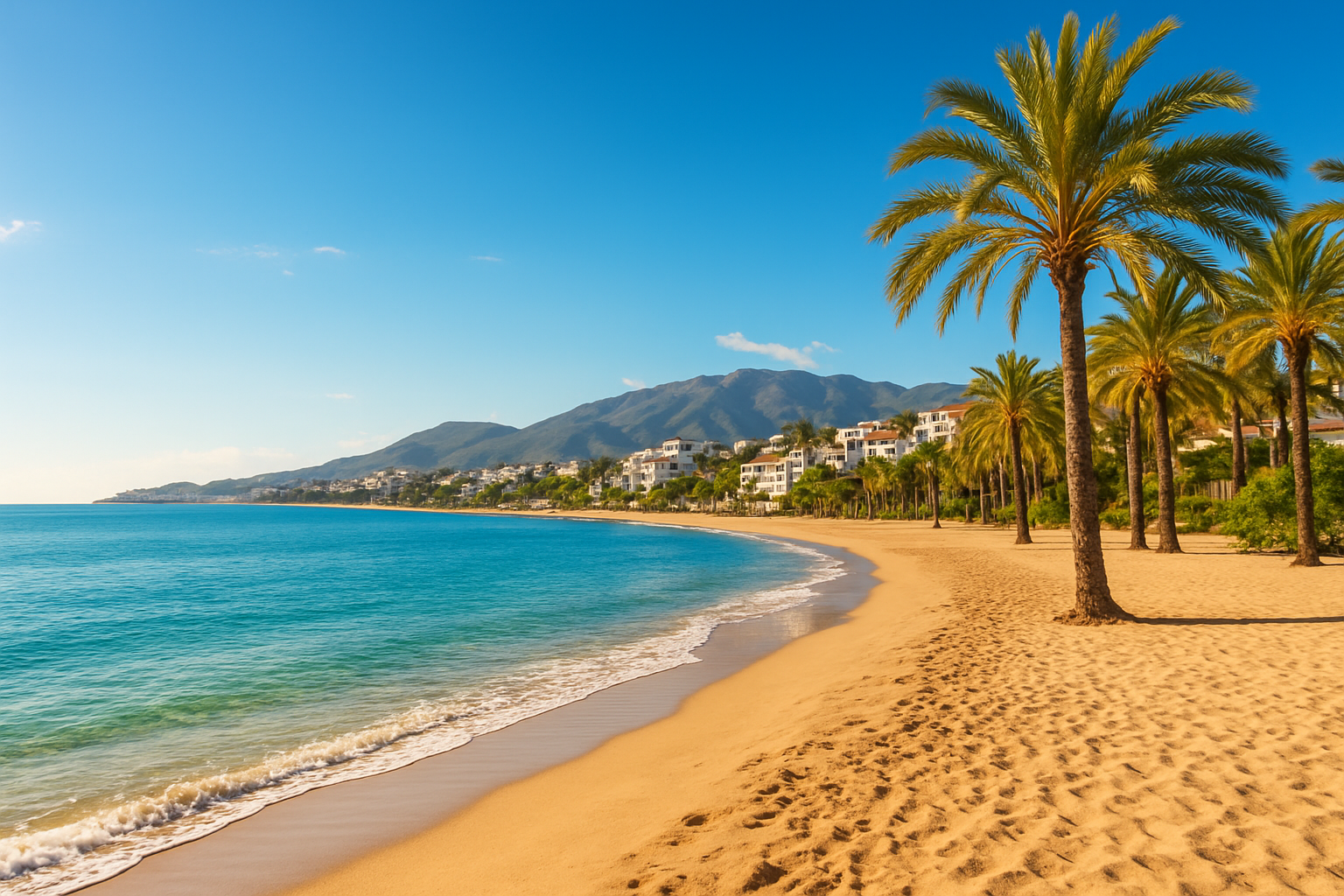 Create a realistic image of a stunning panoramic view of Marbella's coastline on a beautifully sunny day, showcasing the golden sandy beach, calm turquoise Mediterranean Sea, and lush green palm trees swaying gently under a vivid blue sky with minimal clouds, warm golden sunlight bathing the scene in a bright and inviting glow, evoking a sense of year-round warmth and pleasant Mediterranean climate, with elegant white-washed buildings and luxury villas visible in the background nestled against the scenic hills, the overall mood being bright, serene, and aspirational. Absolutely NO text should be in the scene.