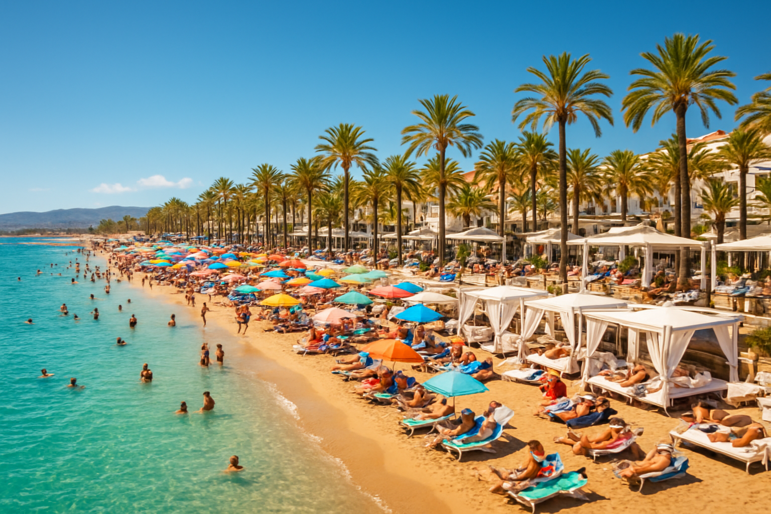 Create a realistic image of a vibrant, bustling Marbella beach scene during peak summer, featuring a glamorous Mediterranean coastline with crystal-clear turquoise water, packed golden sandy beach filled with colorful sun loungers and umbrellas, luxury beach clubs with stylish white cabanas, and a lively promenade lined with palm trees in the background, the scene bathed in intense golden Mediterranean sunlight with a bright blue sky, conveying an atmosphere of high energy, opulence, and full summer capacity living at its finest. Absolutely NO text should be in the scene.