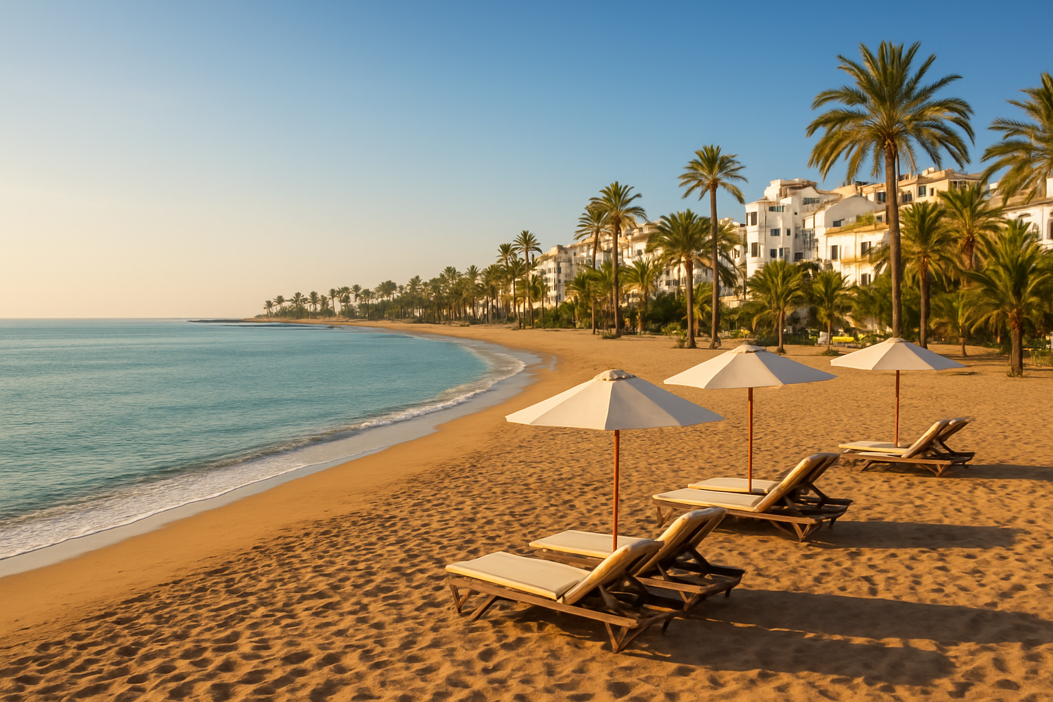 Create a realistic image of a luxurious yet tranquil Marbella beachfront scene during shoulder season, featuring a near-empty golden sandy beach with calm turquoise Mediterranean waters, a few vacant sun loungers and umbrellas neatly arranged along the shore, a backdrop of elegant white Andalusian buildings and lush green palm trees under soft, warm golden-hour sunlight with a clear blue sky, evoking a sense of peaceful exclusivity and great value, with the atmosphere feeling serene and uncrowded compared to peak summer, Absolutely NO text should be in the scene.
