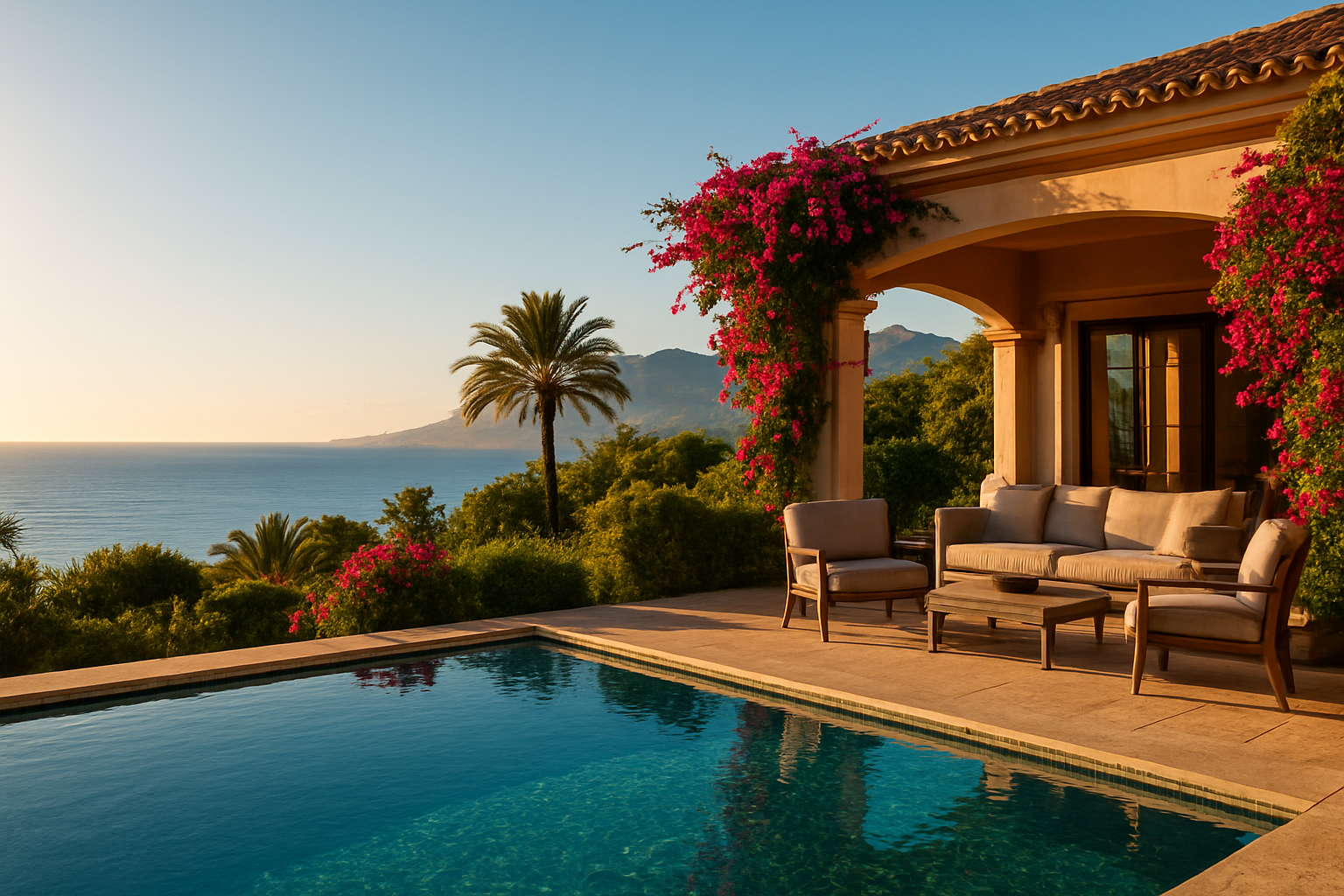 Create a realistic image of a stunning sunlit terrace of a luxury Marbella villa overlooking the Mediterranean Sea, with a sparkling infinity pool in the foreground reflecting the warm golden light of a late afternoon sun, lush greenery and vibrant bougainvillea framing the scene, the iconic Sierra Blanca mountains visible in the soft background, the atmosphere exuding exclusivity, tranquility, and year-round appeal, with elegant outdoor furniture suggesting a life of ownership and leisure rather than a fleeting visit, the lighting warm and cinematic with a rich blue sky and calm azure sea stretching to the horizon, Absolutely NO text should be in the scene.