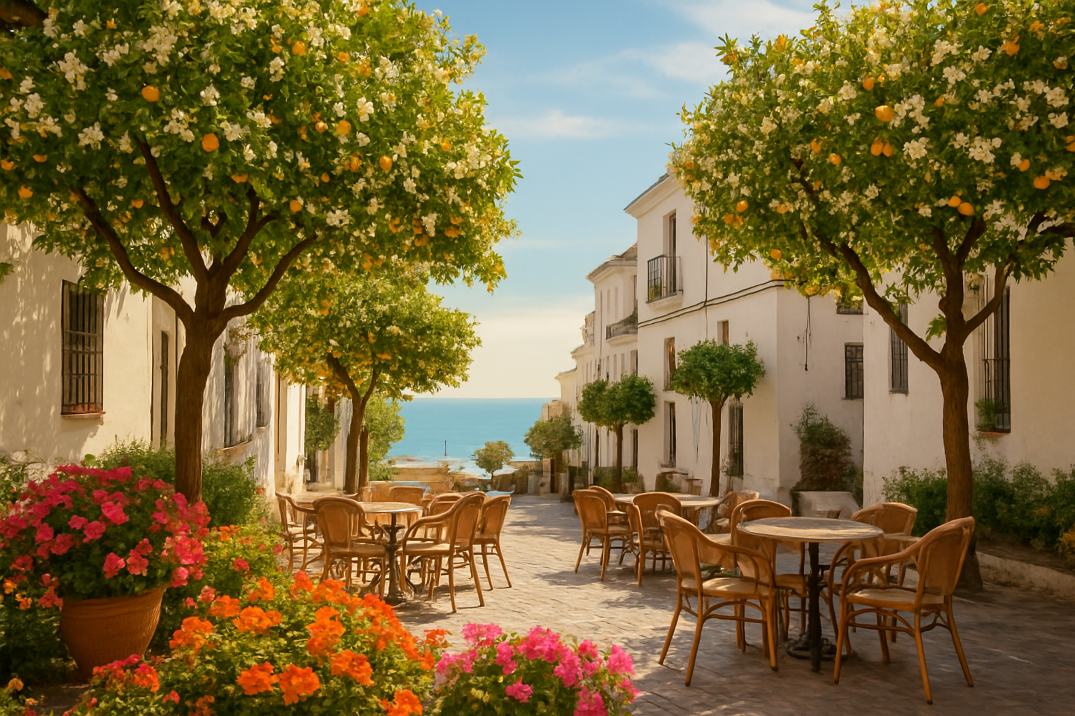 Create a realistic image of a stunning spring scene in Marbella, Spain, featuring a charming outdoor café terrace with blooming orange blossom trees and vibrant flowers in the foreground, overlooking the Mediterranean Sea under a bright, warm blue sky with gentle sunshine, the streets are noticeably relaxed and uncrowded, with a peaceful and inviting atmosphere, soft golden spring light illuminating the whitewashed buildings and lush greenery, capturing the essence of a tranquil and pleasant Mediterranean spring day. Absolutely NO text should be in the scene.