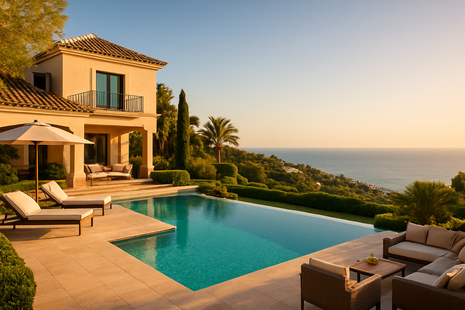 Create a realistic image of a luxurious Marbella villa with a stunning infinity pool overlooking the Mediterranean Sea, bathed in warm golden sunlight, with well-manicured gardens, elegant outdoor lounge furniture, and a breathtaking coastal panorama in the background, conveying a sense of exclusive ownership and permanent belonging rather than a fleeting vacation, with a relaxed yet sophisticated atmosphere suggesting this is a personal retreat rather than a hotel, Absolutely NO text should be in the scene.