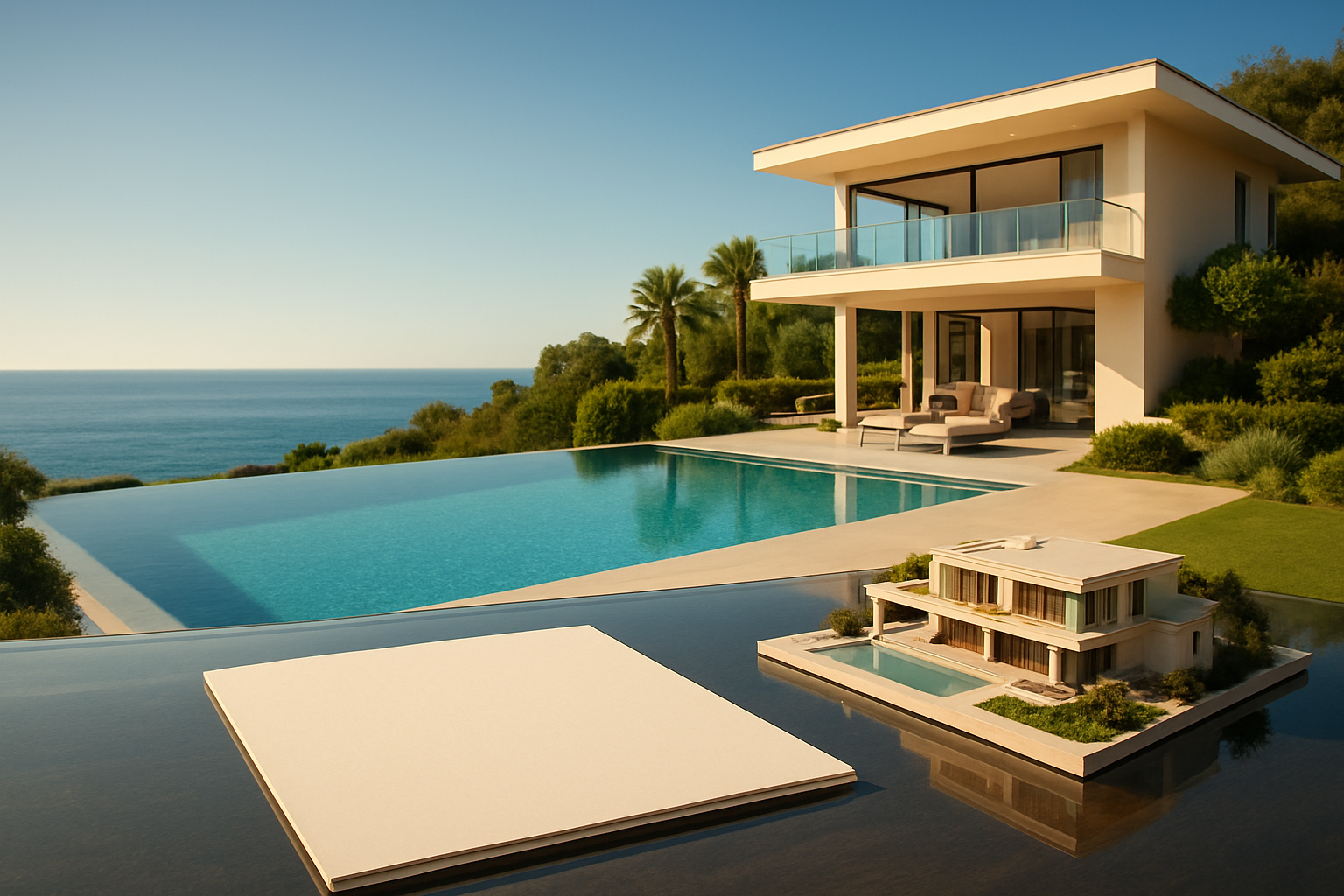 Create a realistic image of a stunning luxury villa in Costa del Sol, Spain, with a large infinity pool overlooking the Mediterranean Sea, set against a backdrop of clear blue skies and lush greenery, with a split-scene visual showing a sleek, modern document or contract on a glass table in the foreground alongside a miniature architectural model of the villa, symbolizing shared ownership, bathed in warm golden Mediterranean sunlight, conveying a sense of exclusivity, opportunity, and sophisticated investment, with a calm and aspirational mood. Absolutely NO text should be in the scene.