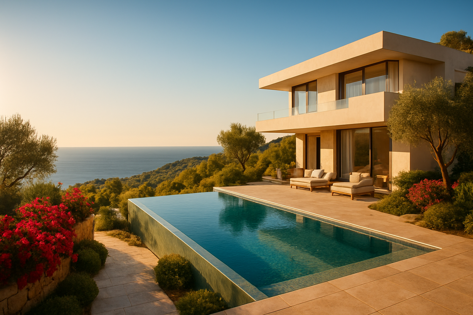 Create a realistic image of a stunning luxury villa perched on the sun-drenched hills of Costa del Sol, Spain, featuring a sleek infinity pool that merges seamlessly with the panoramic view of the deep blue Mediterranean Sea, surrounded by lush Mediterranean landscaping with olive trees and bougainvillea, bathed in warm golden late-afternoon sunlight that casts a soft, aspirational glow across the terrace and architecture, conveying a mood of exclusivity, achievement, and smart lifestyle investment, with the scene evoking a sense of shared prosperity and refined living, no people present, focusing entirely on the breathtaking property and its idyllic coastal setting. Absolutely NO text should be in the scene.