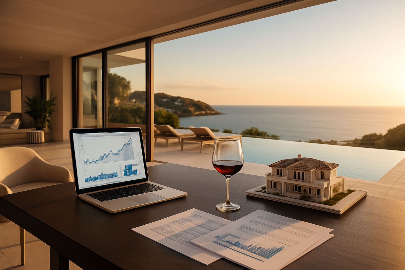 Create a realistic image of a luxurious open-plan villa interior in Costa del Sol, Spain, featuring a sleek modern desk with a laptop displaying property investment charts, a glass of fine wine, and a small architectural model of a villa placed beside neatly arranged documents, with floor-to-ceiling windows in the background revealing a stunning Mediterranean coastline and infinity pool under warm golden sunlight, the scene conveying a sophisticated balance of lifestyle elegance and strategic investment planning, with a calm, aspirational, and prosperous mood. Absolutely NO text should be in the scene.