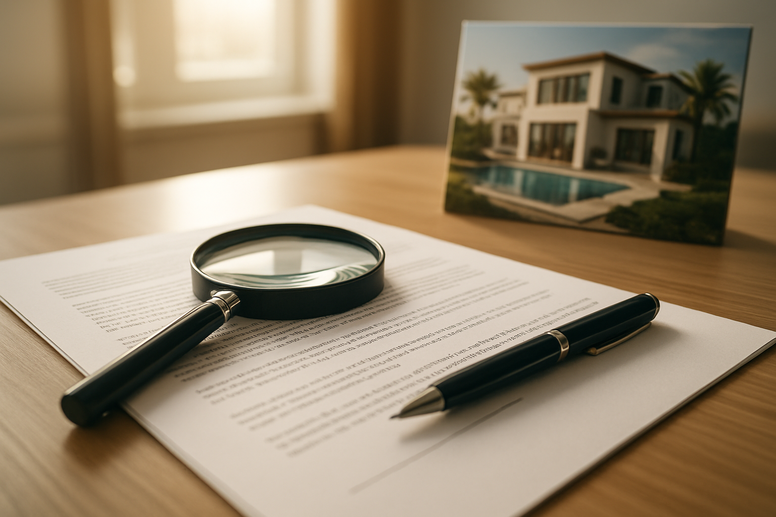 Create a realistic image of a close-up scene of a neatly organized desk with a luxury villa co-ownership contract document, a magnifying glass placed over the document to symbolize careful scrutiny, a sleek pen resting beside it, and a small architectural model or brochure of a high-end Costa del Sol villa in the background, set in a bright, professional office environment with warm natural light streaming through a window, conveying a mood of careful deliberation and due diligence. Absolutely NO text should be in the scene.