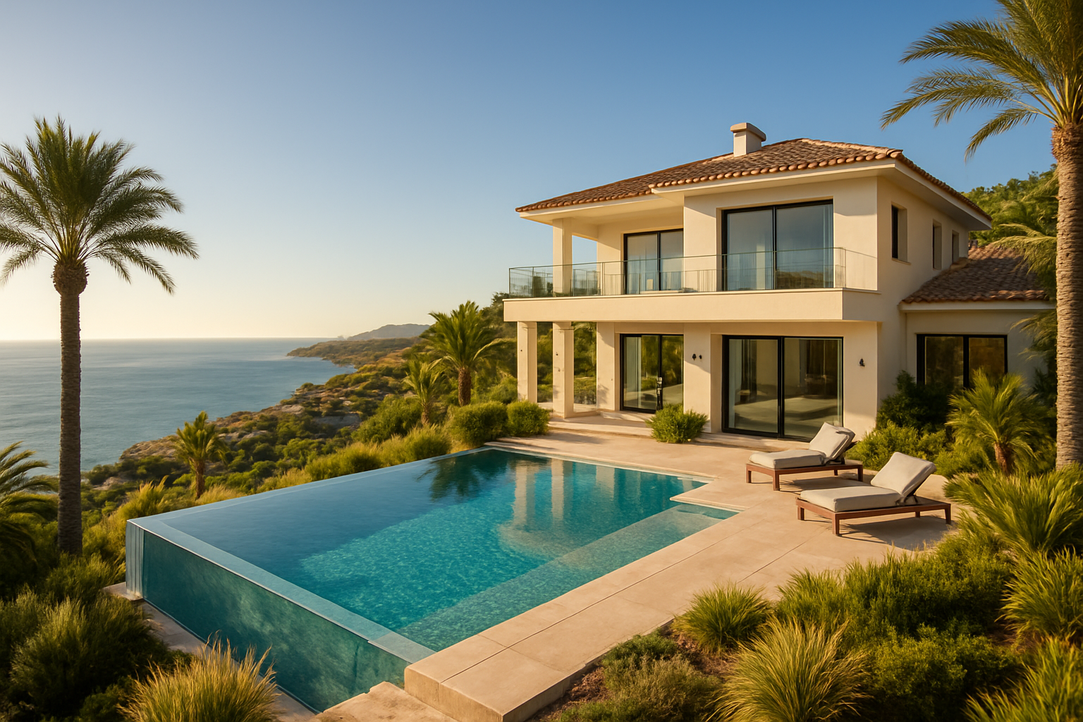 Create a realistic image of a stunning luxury villa perched on a sun-drenched hillside in Costa del Sol, Spain, with a sparkling infinity pool overlooking the deep blue Mediterranean Sea, surrounded by lush Mediterranean landscaping and palm trees, bathed in warm golden sunlight under a clear sky, conveying an atmosphere of exclusivity and high real estate value, with the scenic coastline and modern architecture highlighting the region's prime property appeal, shot from a slightly elevated angle to capture both the villa's grandeur and the breathtaking coastal backdrop. Absolutely NO text should be in the scene.