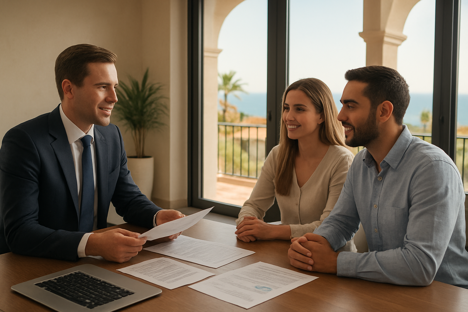 Create a realistic image of a professional bank meeting scene in a modern Spanish bank office in Marbella, where a white male bank advisor in a suit sits across a desk from a foreign couple, a white female and a Middle Eastern male, reviewing mortgage documents and financial paperwork, with a laptop displaying charts on the desk, a Mediterranean view visible through large windows in the background, warm and professional lighting creating a trustworthy and optimistic mood, clean and contemporary office interior with subtle Spanish architectural details. Absolutely NO text should be in the scene.
