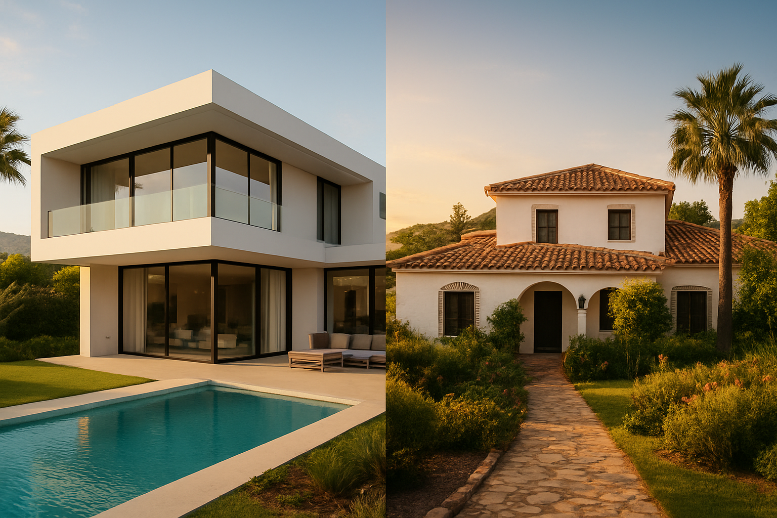 Create a realistic image of a side-by-side comparison scene in Marbella, Spain, showing a sleek, modern newly built luxury villa with clean architectural lines, large glass windows, and a pristine pool on the left, contrasted with a charming, well-established traditional Spanish resale property featuring whitewashed walls, terracotta roof tiles, and lush mature gardens on the right, set against a warm Mediterranean backdrop with golden sunlight, conveying a sense of thoughtful decision-making and real estate opportunity. Absolutely NO text should be in the scene.