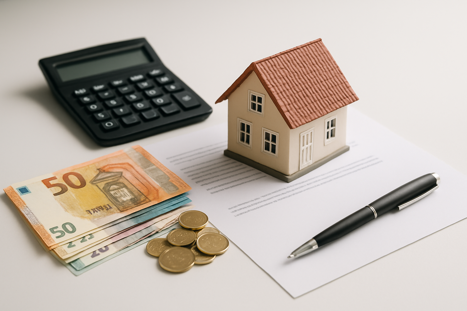 Create a realistic image of a neatly arranged flat lay on a clean white desk featuring a Spanish property document, a small model house, euro banknotes and coins, a calculator, and a pen, with soft natural lighting casting gentle shadows, conveying a professional and informative financial planning mood, set against a minimalist light background. Absolutely NO text should be in the scene.
