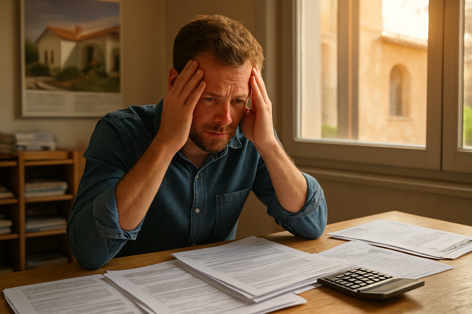 Create a realistic image of a stressed white male foreigner sitting at a desk in a Spanish real estate office, holding his head in his hands while looking at a stack of property documents and contracts, with a visibly concerned expression suggesting a costly mistake has been made, the desk cluttered with papers, a calculator, and a pen, warm Mediterranean sunlight streaming through a window in the background, the mood tense and regretful, capturing the feeling of financial oversight during a property purchase process. Absolutely NO text should be in the scene.