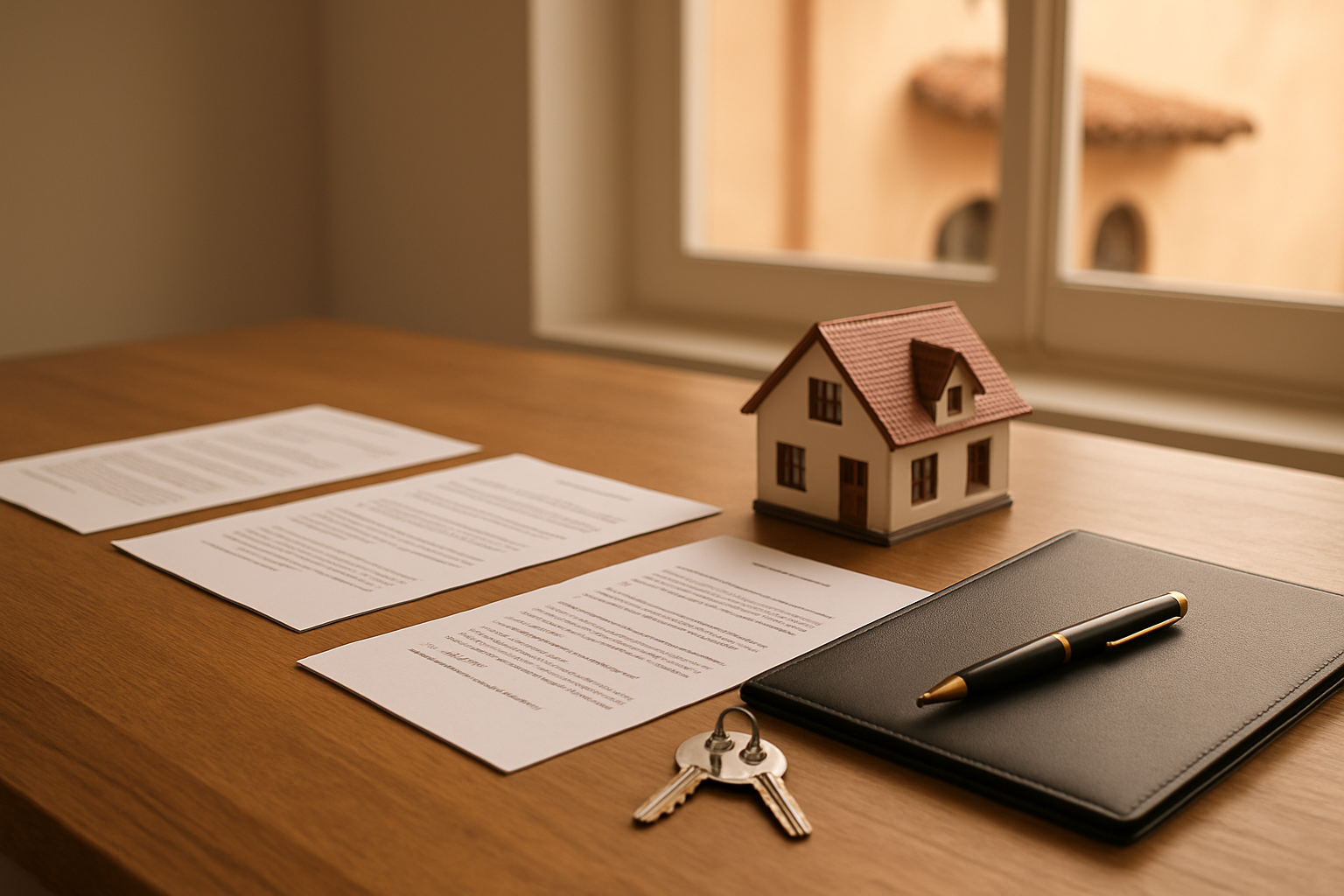 Create a realistic image of a clean and organized desk surface showing a step-by-step property buying journey represented through neatly arranged documents, a small model house, a set of keys, a pen, and a contract folder, with a subtle Spanish architectural element visible through a bright window in the background, warm and professional lighting creating an approachable and trustworthy mood, the scene conveying a clear and simple process from paperwork to ownership. Absolutely NO text should be in the scene.