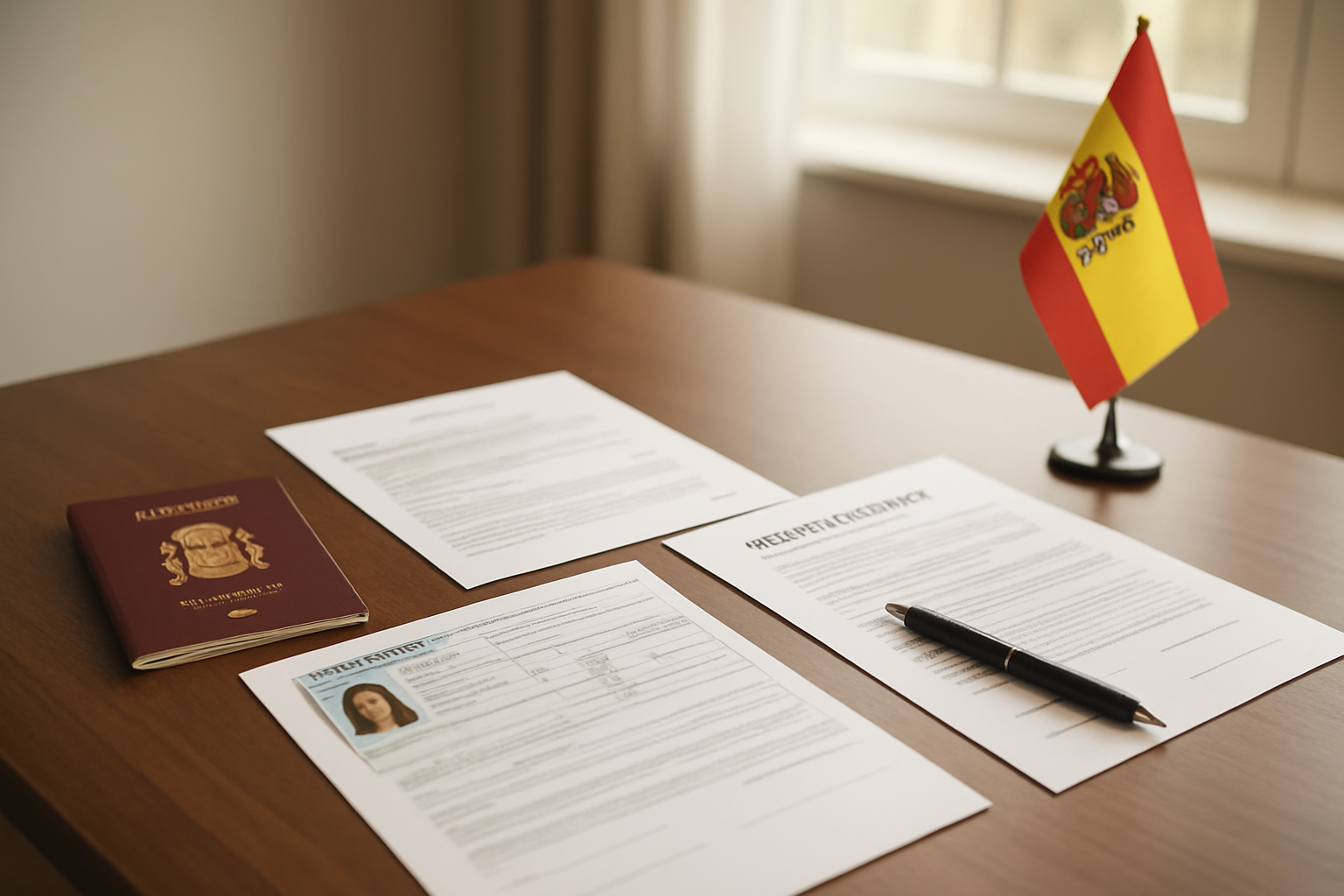 Create a realistic image of a neatly organized desk with essential legal and financial documents spread out, including a passport, a NIE identification document, a bank statement, and a property contract, alongside a pen and a small Spanish flag, set against a clean and professional office background with soft natural lighting streaming through a window, conveying a sense of preparation, compliance, and readiness for a formal property purchase process. Absolutely NO text should be in the scene.