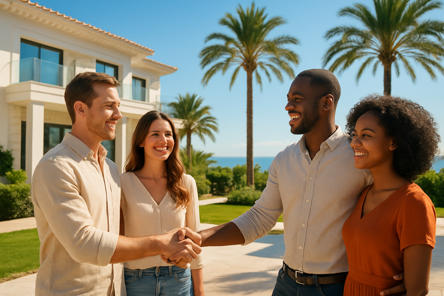 Create a realistic image of two couples, one white male and female pair and one black male and female pair, standing together in front of a luxurious modern villa in Marbella, Spain, shaking hands and smiling warmly, symbolizing a co-ownership agreement, with a stunning Mediterranean backdrop featuring palm trees, blue skies, and a glimpse of the sea in the distance, bathed in bright golden sunlight that evokes a sense of ease, success, and collaboration. Absolutely NO text should be in the scene.