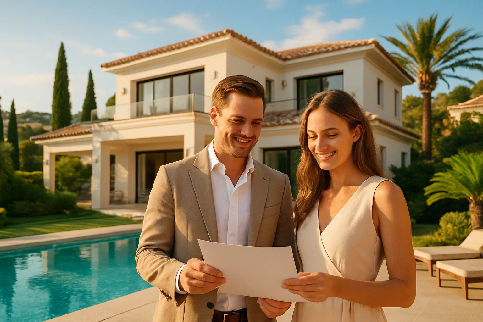 Create a realistic image of a elegant modern apartment or villa in Marbella, Spain, with a pristine swimming pool and lush Mediterranean landscape in the background, featuring a white male and a white female couple standing outside the property reviewing documents with a confident and satisfied expression, bathed in warm golden sunlight, conveying a sense of legal clarity and successful property ownership, with the iconic Spanish architecture and blue sky visible in the background. Absolutely NO text should be in the scene.