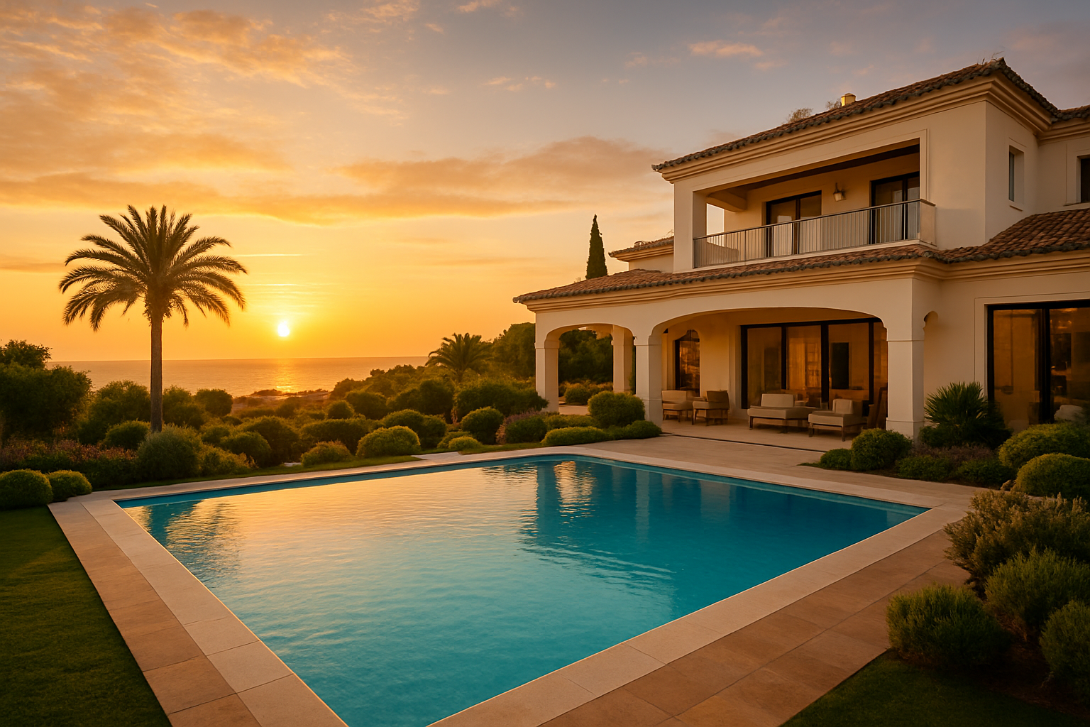 Create a realistic image of a stunning luxury villa in Marbella, Spain, with a sparkling blue swimming pool in the foreground, lush Mediterranean landscaping, and the warm golden light of a sunset casting a rich glow over the scene, with the distant coastline and sea visible in the background, evoking a sense of achievement, aspiration, and the dream of owning property in Spain, the overall mood is celebratory and optimistic, the scene feels serene and high-end with no people present, emphasizing the property itself as the ultimate reward. Absolutely NO text should be in the scene.