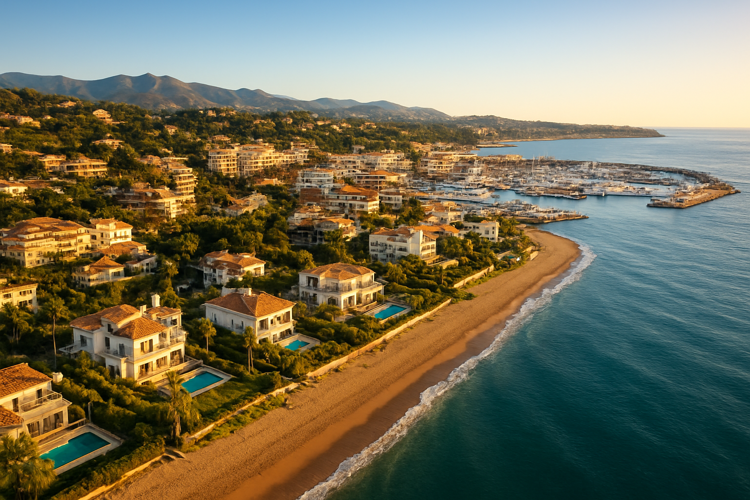 Create a realistic image of a stunning aerial view of Marbella's golden coastline in Spain, showcasing luxury waterfront properties, modern villas, and upscale apartment complexes nestled along the Mediterranean Sea, with a vibrant marina filled with yachts in the background, lush green hills dotted with high-end real estate, warm golden sunlight casting a prosperous and inviting glow over the scene, conveying a sense of premium investment opportunity and desirable living, captured during a clear sunny day with a bright blue sky. Absolutely NO text should be in the scene.