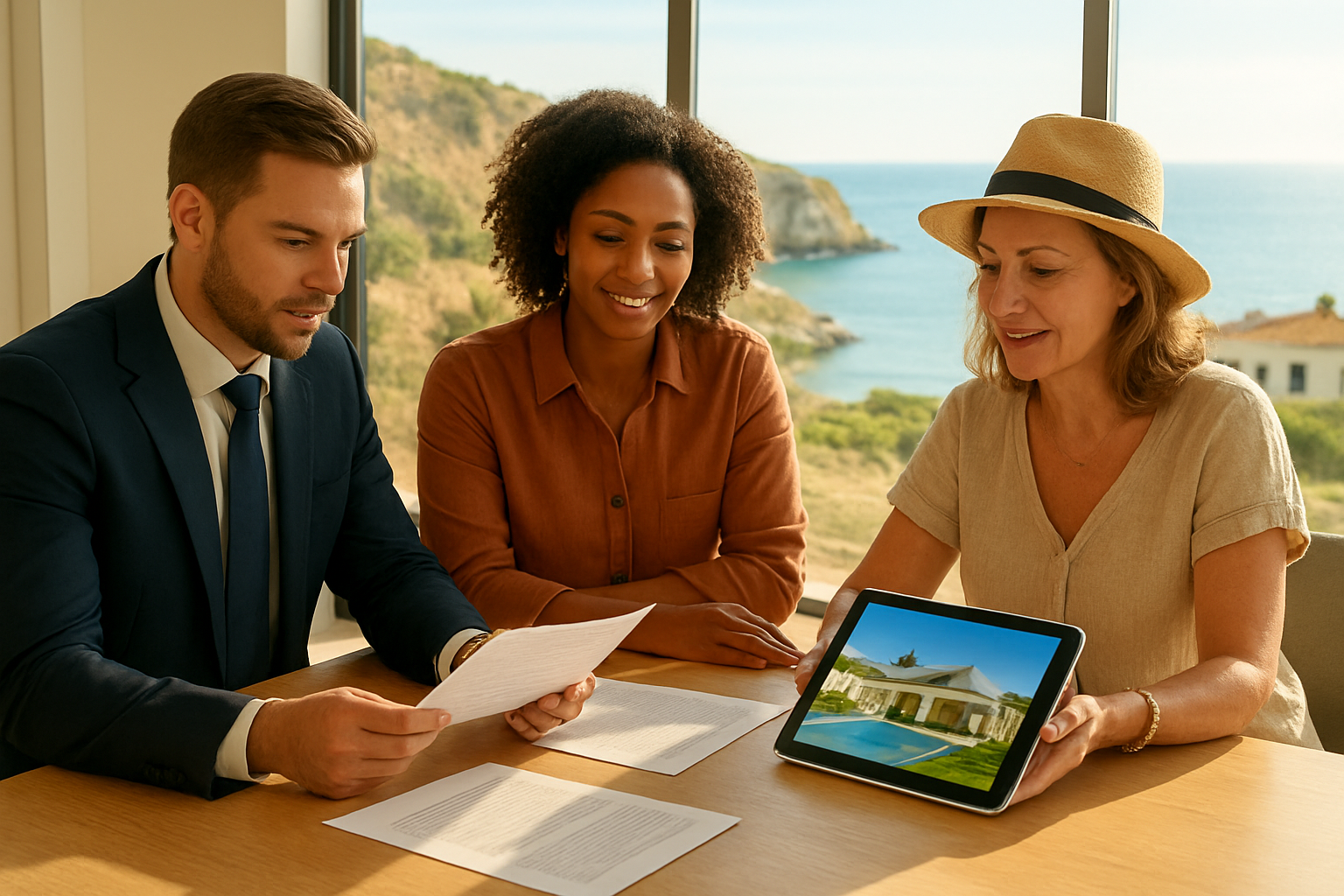 Create a realistic image of a diverse group of people representing different buyer profiles gathered around a modern table in a bright, sunlit room with large windows overlooking a scenic Algarve coastal landscape, featuring a white male in a business suit, a black female in smart casual attire, and a middle-aged white female in relaxed vacation wear, each reviewing property documents and a tablet displaying luxury villa images, with warm Mediterranean light flooding the space, creating a collaborative yet tailored advisory atmosphere that suggests personalized real estate strategies for different types of investors and lifestyle buyers. Absolutely NO text should be in the scene.