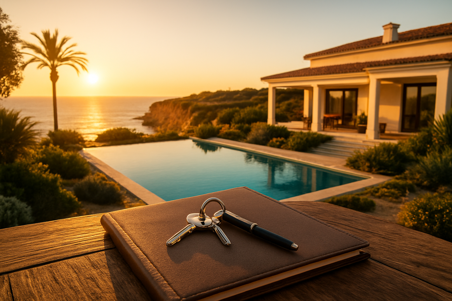 Create a realistic image of a stunning sun-drenched luxury villa in the Algarve, Portugal, with a pristine infinity pool overlooking golden coastal cliffs and the deep blue Atlantic Ocean, surrounded by lush Mediterranean landscaping, captured during golden hour with warm glowing light casting a sense of achievement and possibility, with a set of elegant property keys and a pen resting on a legal document folder placed on a rustic outdoor table in the foreground, evoking a mood of confident decision-making and successful investment, with the iconic Algarve coastline stretching beautifully in the background under a clear warm sky. Absolutely NO text should be in the scene.