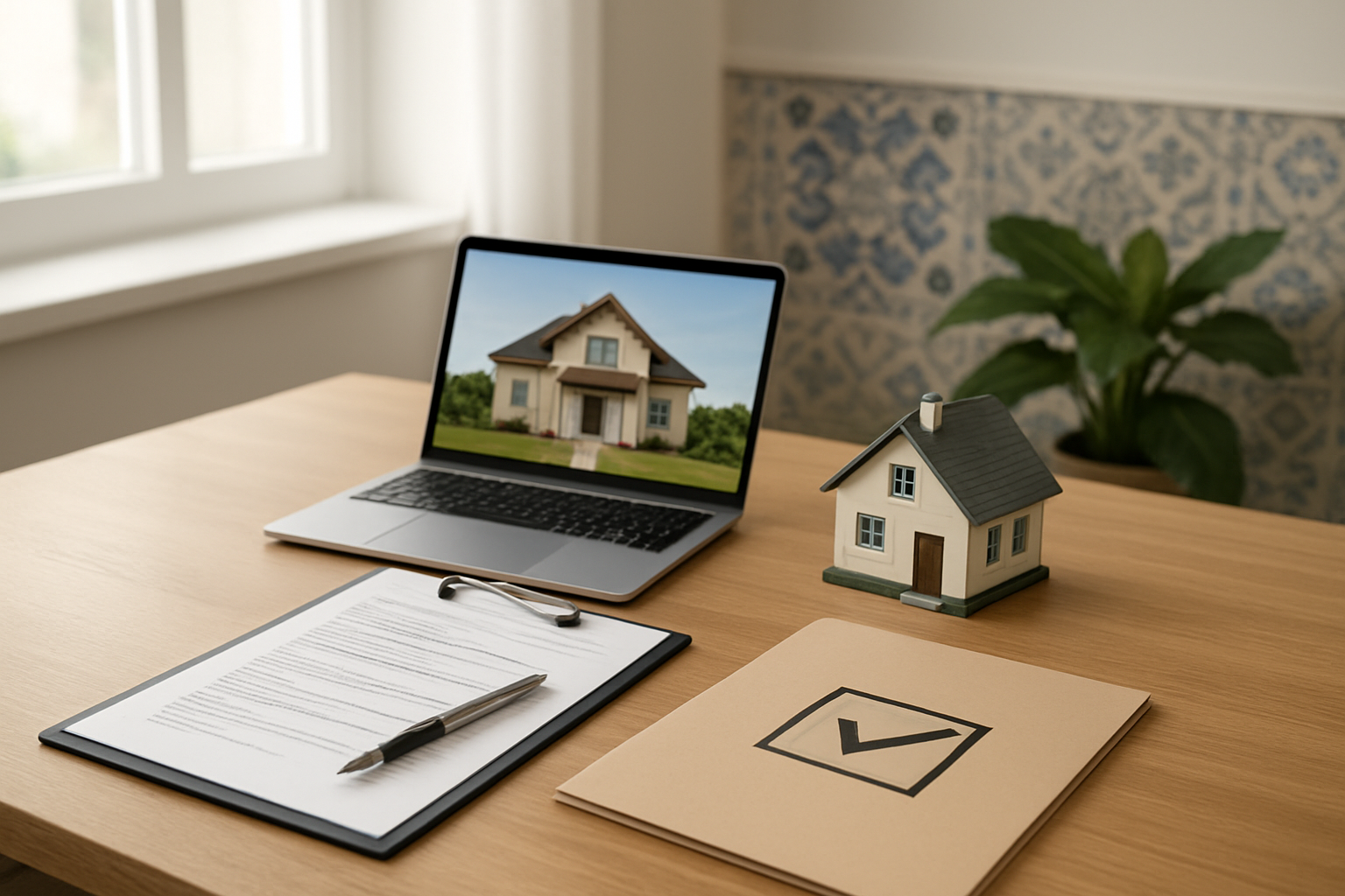 Create a realistic image of a clean, modern workspace with a wooden desk featuring a neatly arranged set of real estate documents, a house model, a pen, and a checklist folder, with a laptop showing a property listing, set in a bright and professional office environment with soft natural light coming through a window, conveying an organized and step-by-step transactional process, with subtle Portuguese architectural elements like azulejo tile patterns visible in the background decor, creating a trustworthy and informative mood. Absolutely NO text should be in the scene.