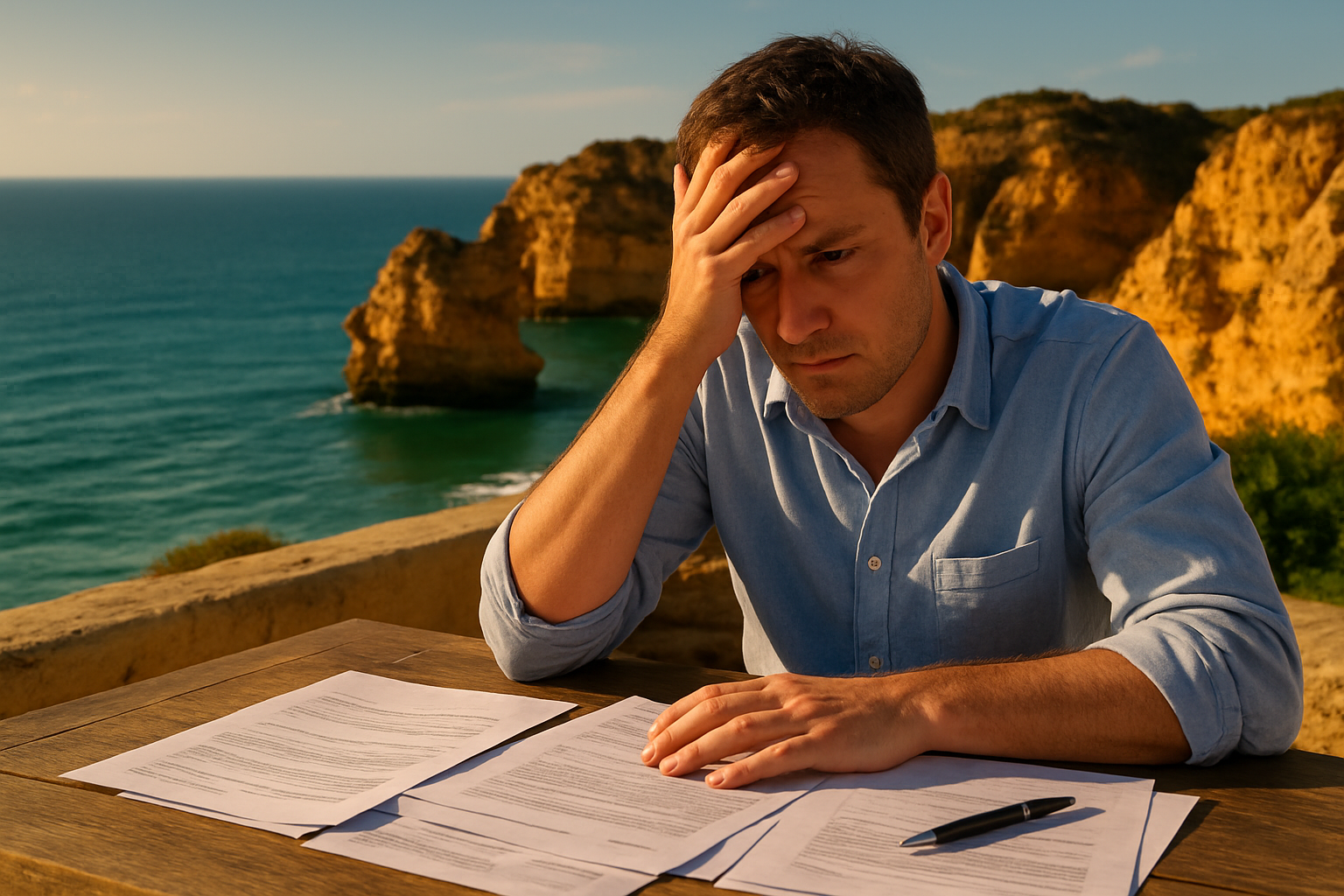 Create a realistic image of a stressed white male buyer sitting at a table outdoors in the Algarve, Portugal, with a scenic coastal background featuring golden cliffs and blue ocean, surrounded by scattered property documents and a pen, with a look of concern or confusion on his face, as if he has made a costly oversight, the scene lit in warm natural sunlight, conveying a cautionary and tense mood. Absolutely NO text should be in the scene.