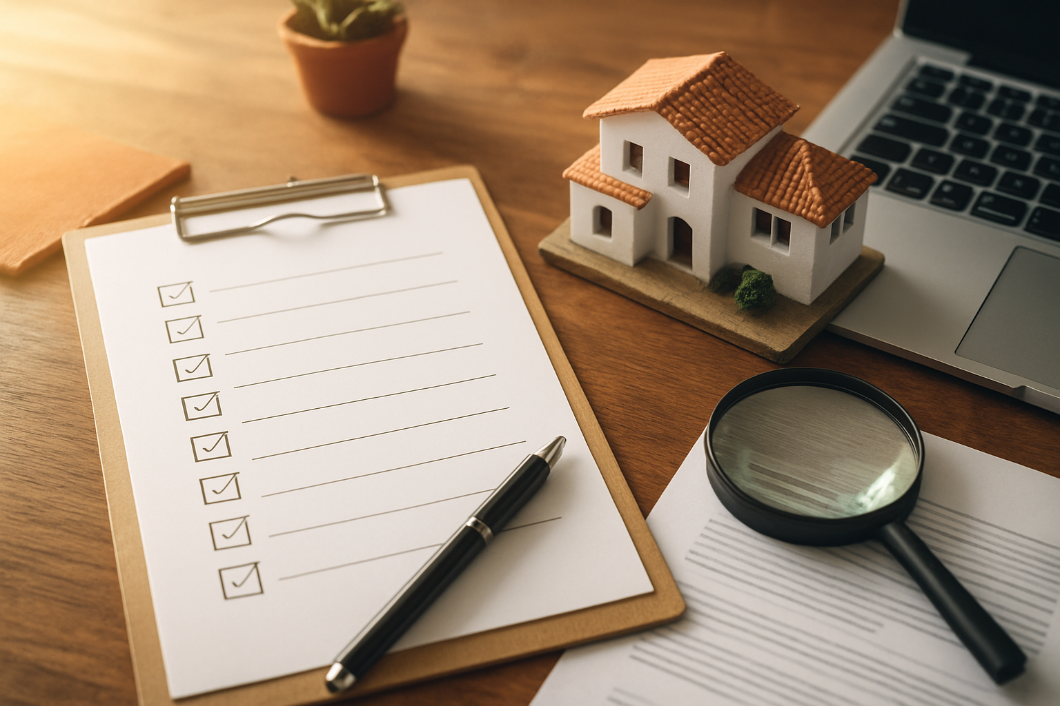 Create a realistic image of a close-up overhead view of a wooden desk with a property due diligence checklist on a clipboard, a pen resting beside it, a small model of a white Mediterranean-style villa, a magnifying glass placed over a document, and a laptop partially visible at the edge, set against a warm, sunlit workspace with soft natural light streaming in, evoking a professional yet relaxed Algarve-inspired atmosphere, with subtle hints of coastal Portugal in the background such as a blurred terracotta tile or a small succulent plant, conveying careful decision-making and thoroughness. Absolutely NO text should be in the scene.