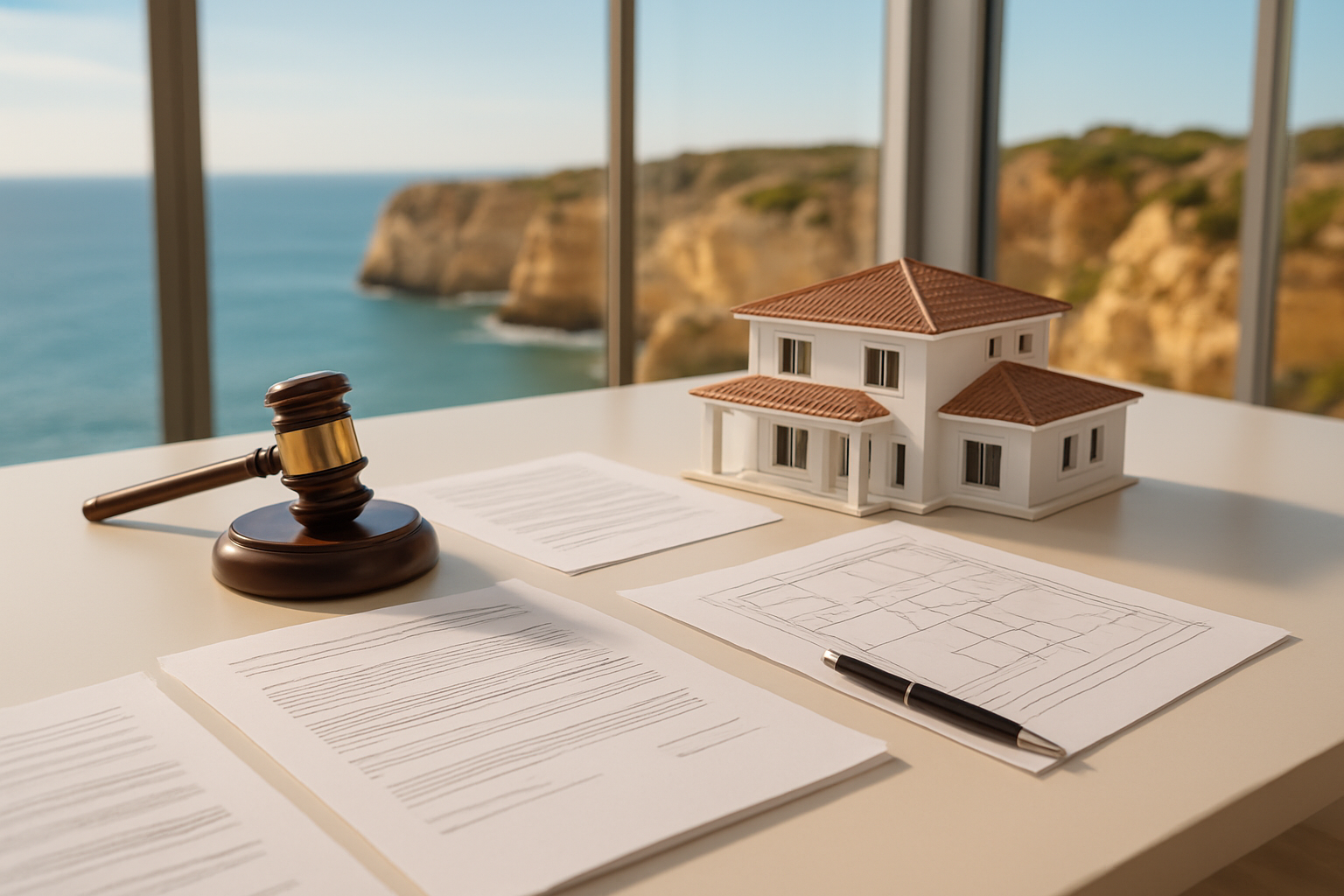 Create a realistic image of a clean, modern office table with multiple neatly arranged property ownership documents, legal contract papers, and architectural floor plan sheets spread across it, alongside a small scale model of a luxury villa, a gavel, and a pen, set against a soft blurred background of large windows overlooking a sunny Algarve coastal landscape with golden cliffs and blue ocean, warm and professional lighting creating a bright and trustworthy atmosphere, Absolutely NO text should be in the scene.