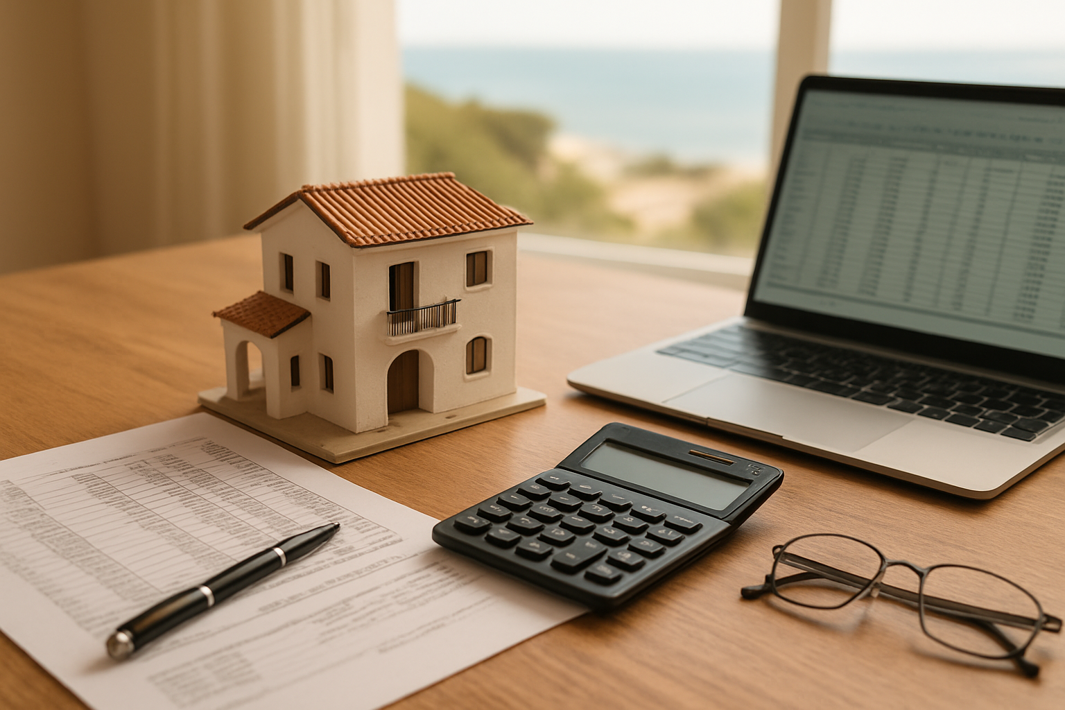 Create a realistic image of a wooden desk with financial planning documents, a calculator, a small model of a white Mediterranean-style villa, and a laptop showing spreadsheets, arranged neatly on the surface, with a pair of reading glasses and a pen resting nearby, set against a softly blurred background suggesting a bright, sunlit Algarve coastal view through a window, the mood is professional yet inviting, with warm natural light illuminating the scene to convey careful financial planning for property co-ownership. Absolutely NO text should be in the scene.