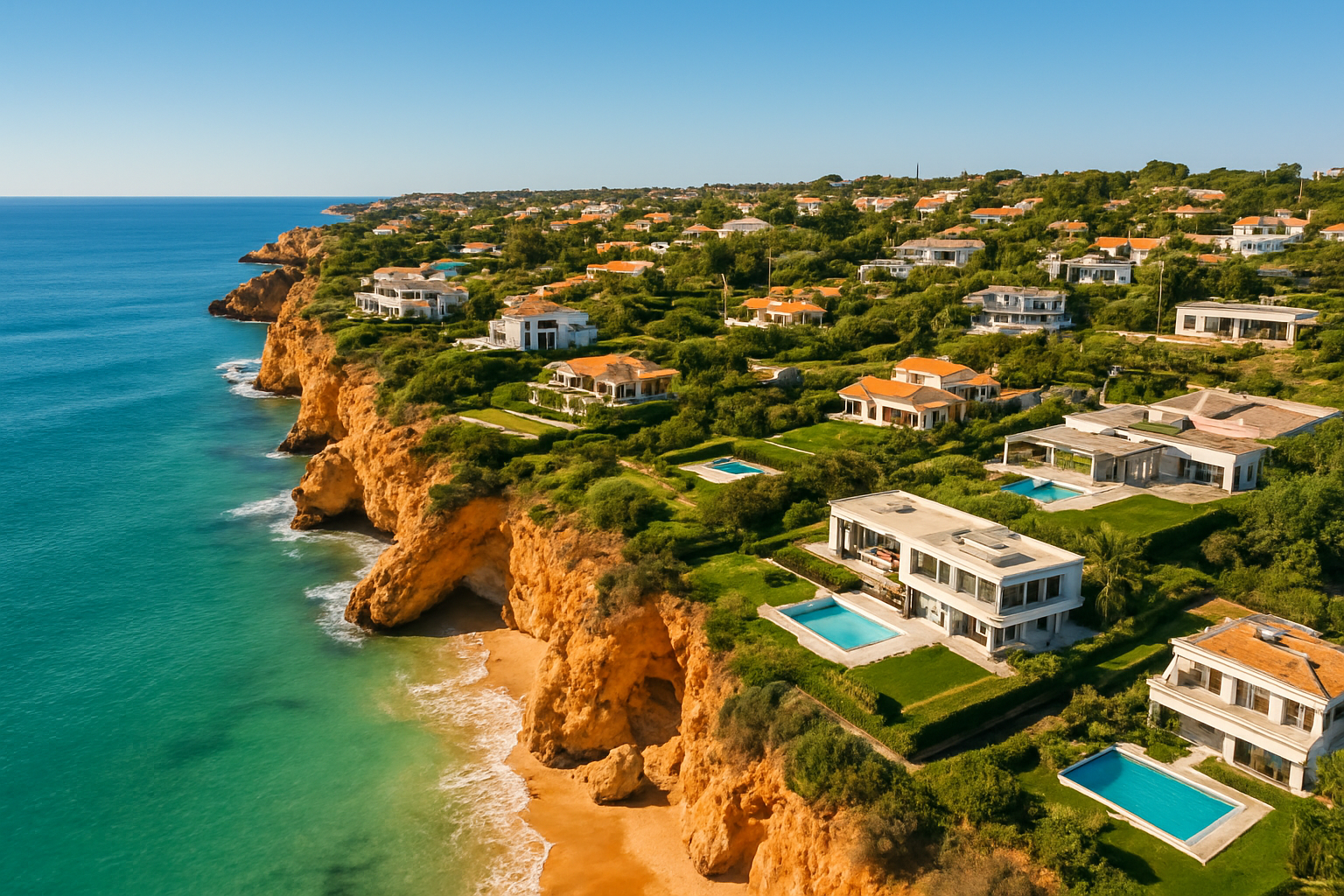 Create a realistic image of a panoramic aerial view of the Algarve coastline in Portugal, showcasing luxury villas and modern residential properties nestled among golden cliffs and turquoise ocean waters, with a mix of traditional Portuguese architecture and contemporary homes visible, the scene bathed in warm Mediterranean sunlight under a clear blue sky, conveying a sense of prosperity and desirable real estate investment opportunity, with lush green landscaping and well-maintained swimming pools dotting the hillside properties. Absolutely NO text should be in the scene.