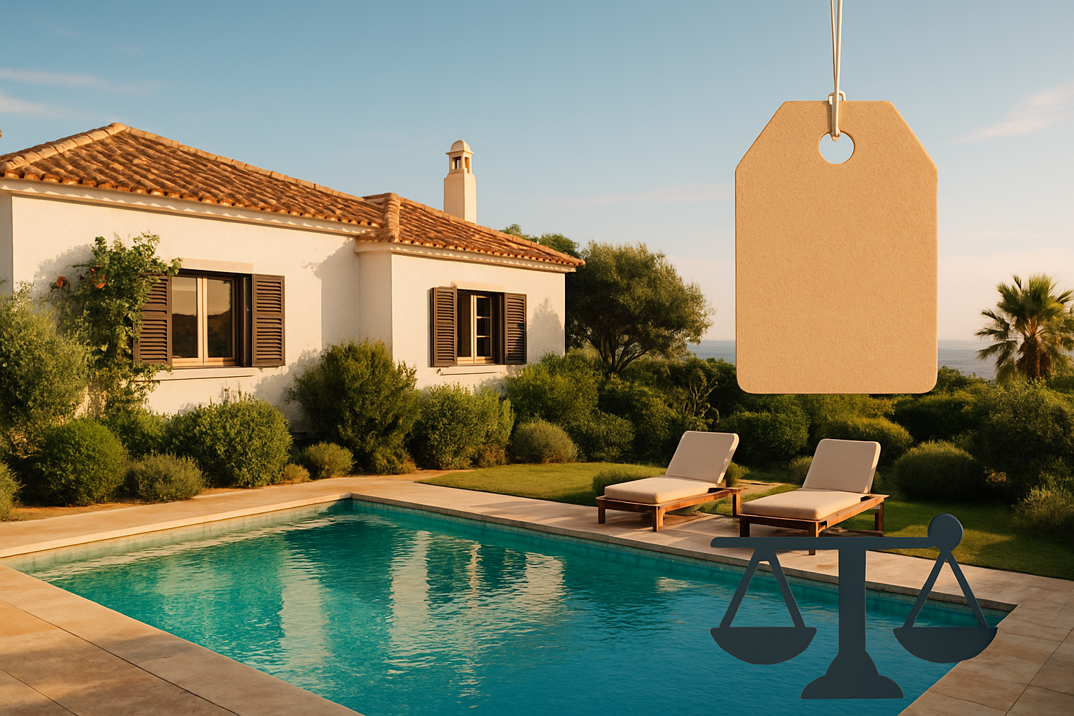 Create a realistic image of a stylish mid-range villa in the Algarve, Portugal, with a private pool, terracotta roof tiles, and whitewashed walls surrounded by lush Mediterranean landscaping, with a split visual concept showing a price tag or budget scale alongside the property, bathed in warm golden afternoon sunlight, conveying a sense of attainable luxury and smart investment, with a clear blue sky backdrop and distant ocean hints, evoking a realistic and aspirational yet financially grounded mood. Absolutely NO text should be in the scene.