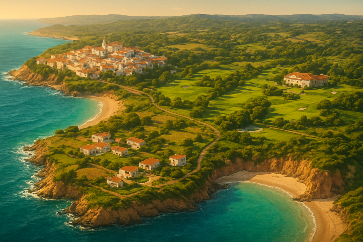 Create a realistic image of a stylized aerial map-style overview of the Algarve coastline in Portugal, showing distinct regions including a vibrant town center, a quiet rural village, a luxury golf resort, and a pristine beach cove, each subtly highlighted to suggest different lifestyle zones, with warm golden sunlight illuminating the landscape, turquoise Atlantic waters visible along the coast, lush green hills in the background, and a mood that feels inviting and informative, evoking the idea of choosing the perfect location for different buyer lifestyles. Absolutely NO text should be in the scene.