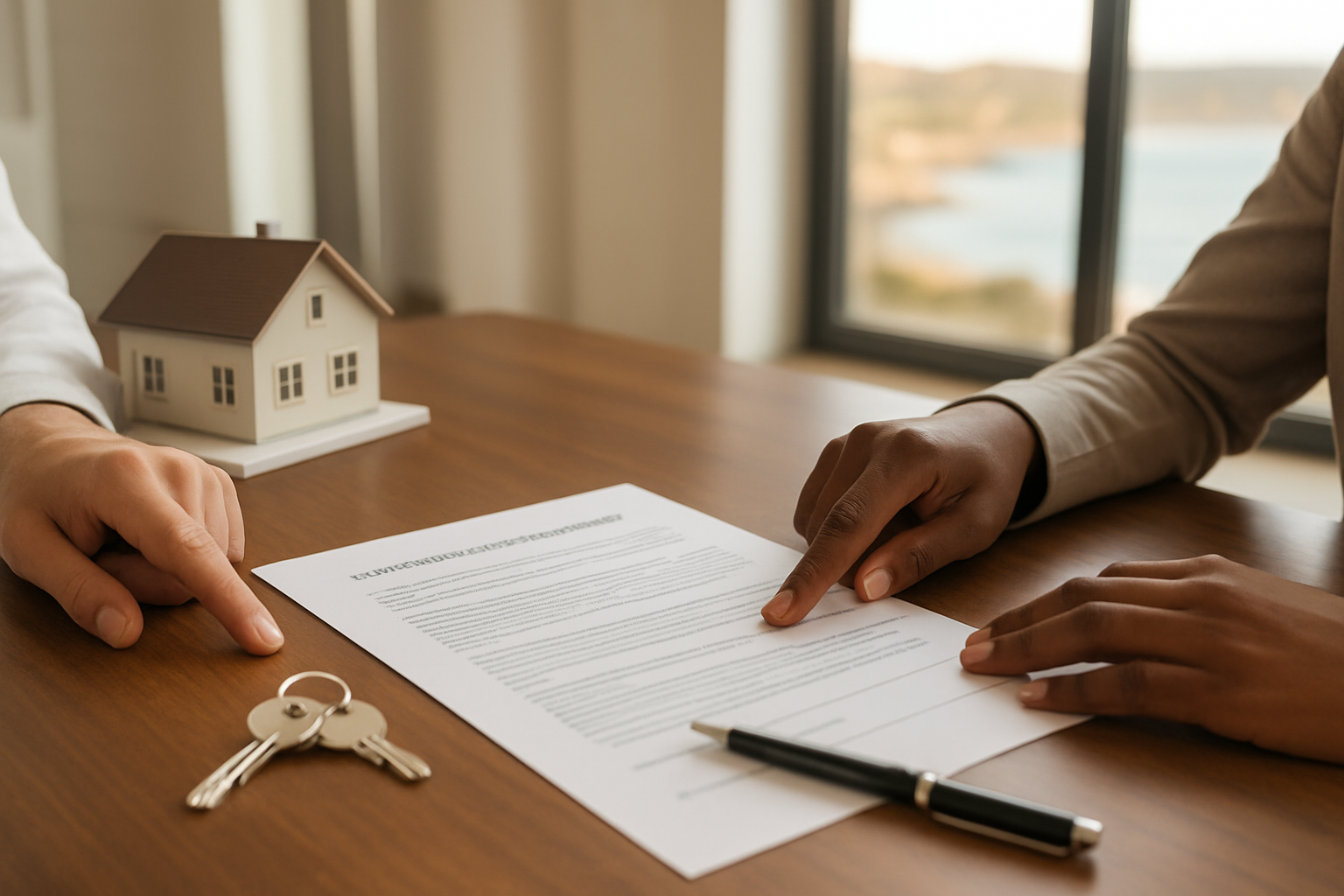 Create a realistic image of a clean, modern legal or real estate office setting featuring a shared property ownership agreement document on a sleek wooden desk, alongside a small architectural model of a villa or house, a set of keys, and a pen, with two hands — one belonging to a white male and one belonging to a black female — pointing at different sections of the document as if reviewing shared responsibilities, the background showing large windows with a soft warm light and a blurred Algarve coastal landscape outside, conveying a professional, collaborative, and trustworthy mood. Absolutely NO text should be in the scene.