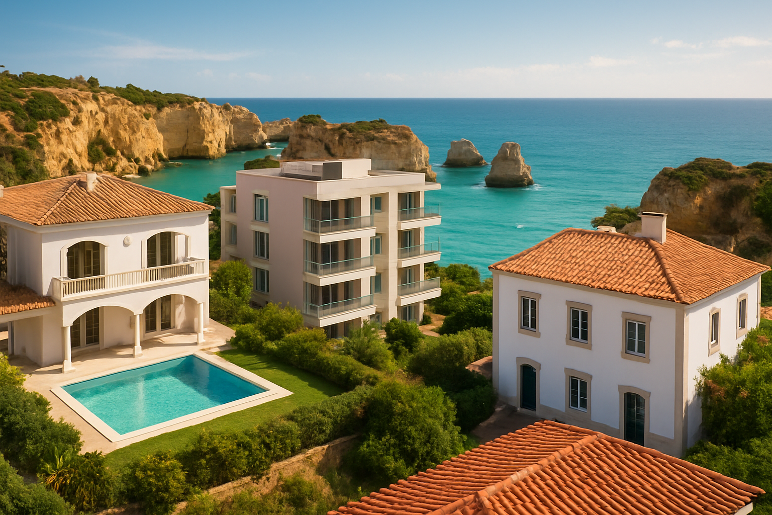 Create a realistic image of a stunning coastal Algarve landscape showcasing multiple property types side by side, including a luxury villa with a private pool, a modern apartment complex, and a traditional Portuguese townhouse, all set against the iconic golden limestone cliffs and turquoise Atlantic Ocean in the background, bathed in warm Mediterranean sunlight, with lush greenery and terracotta rooftops adding authentic regional charm, the scene conveying an upscale yet welcoming real estate atmosphere. Absolutely NO text should be in the scene.