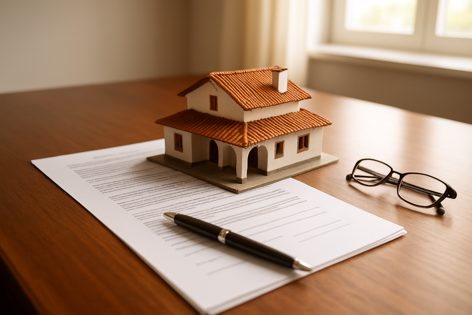 Create a realistic image of a close-up view of a polished wooden desk with neatly arranged legal documents, a property contract, and a small scale model of a traditional Algarve villa, alongside a pen and a pair of reading glasses, set in a bright and professional office environment with warm natural light streaming through a window, conveying a sense of order, compliance, and legal diligence, with a clean and organized atmosphere. Absolutely NO text should be in the scene.
