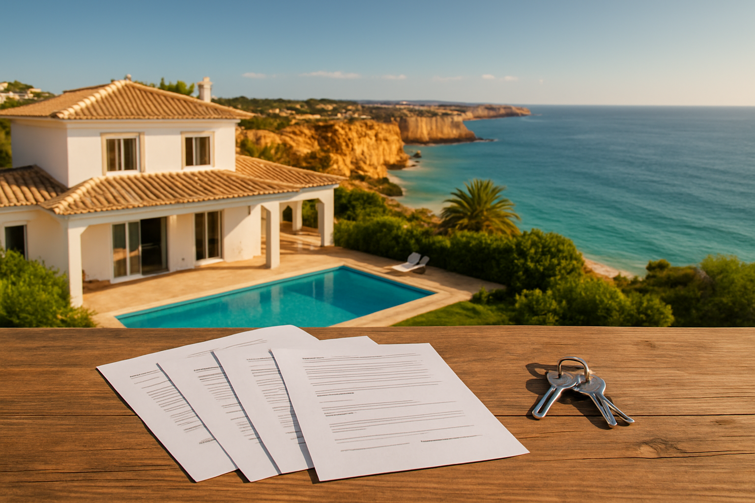 Create a realistic image of a stunning Algarve coastal villa with a private pool overlooking the golden cliffs and turquoise ocean, bathed in warm Mediterranean sunlight, with a split visual showing multiple ownership documents or keys symbolically arranged on a rustic wooden table in the foreground, conveying shared ownership of a luxury property, the scene feeling aspirational yet financially accessible, with lush greenery and terracotta rooftops visible in the background under a bright blue sky, mood is optimistic and financially savvy. Absolutely NO text should be in the scene.